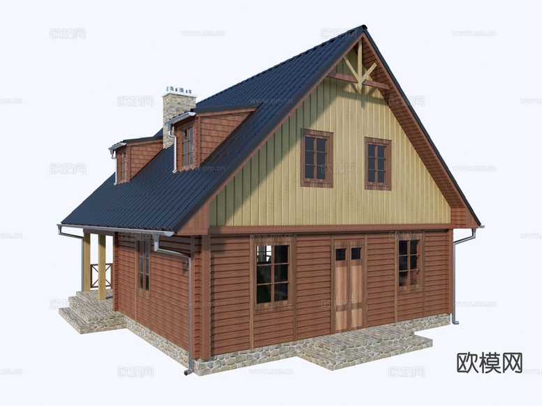 现代木屋 木结构两层房 独栋木屋别墅3d模型下载(渲染图2)