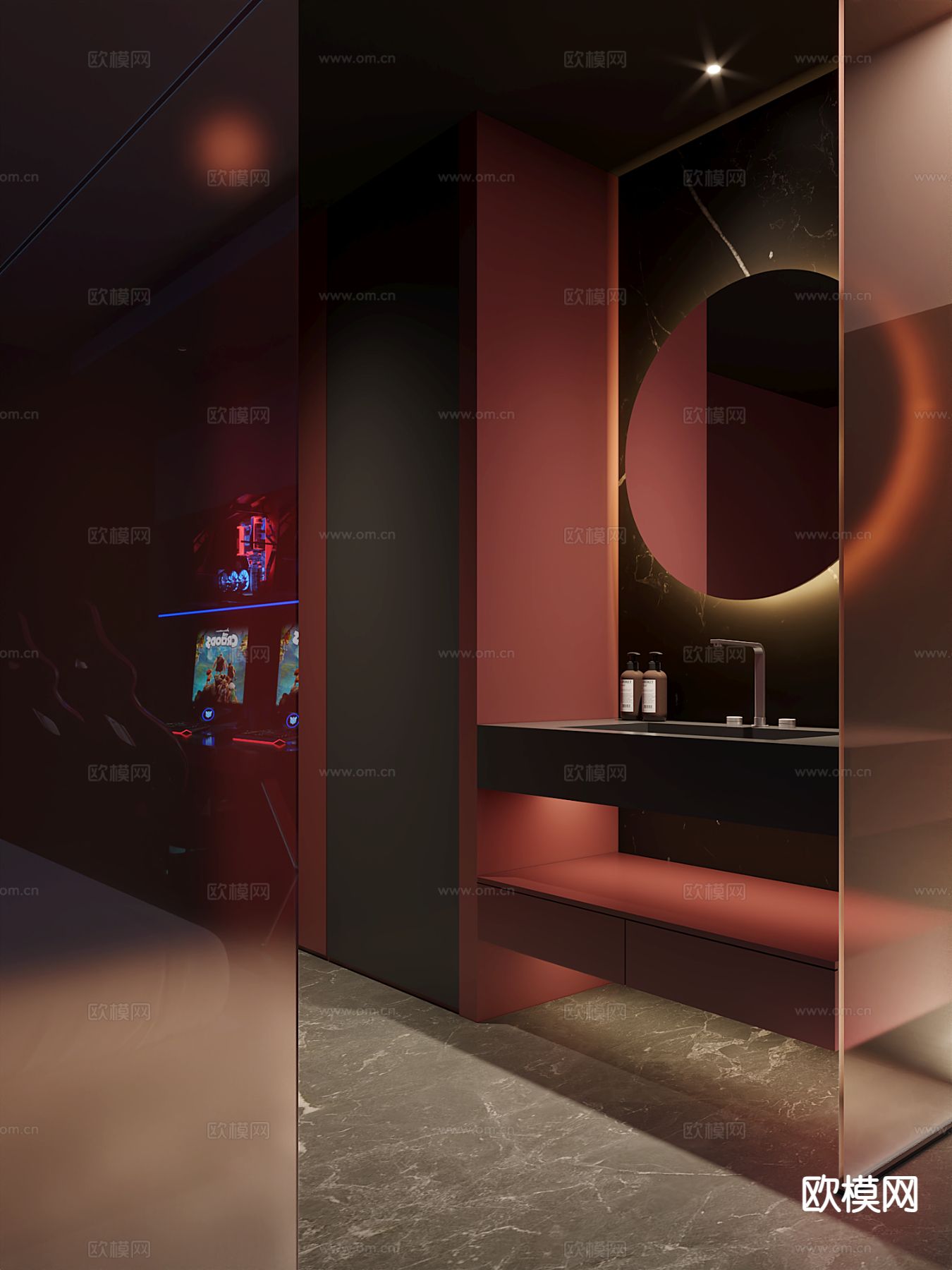 现代网咖 电竞酒店单人间3d模型下载（渲染图2）