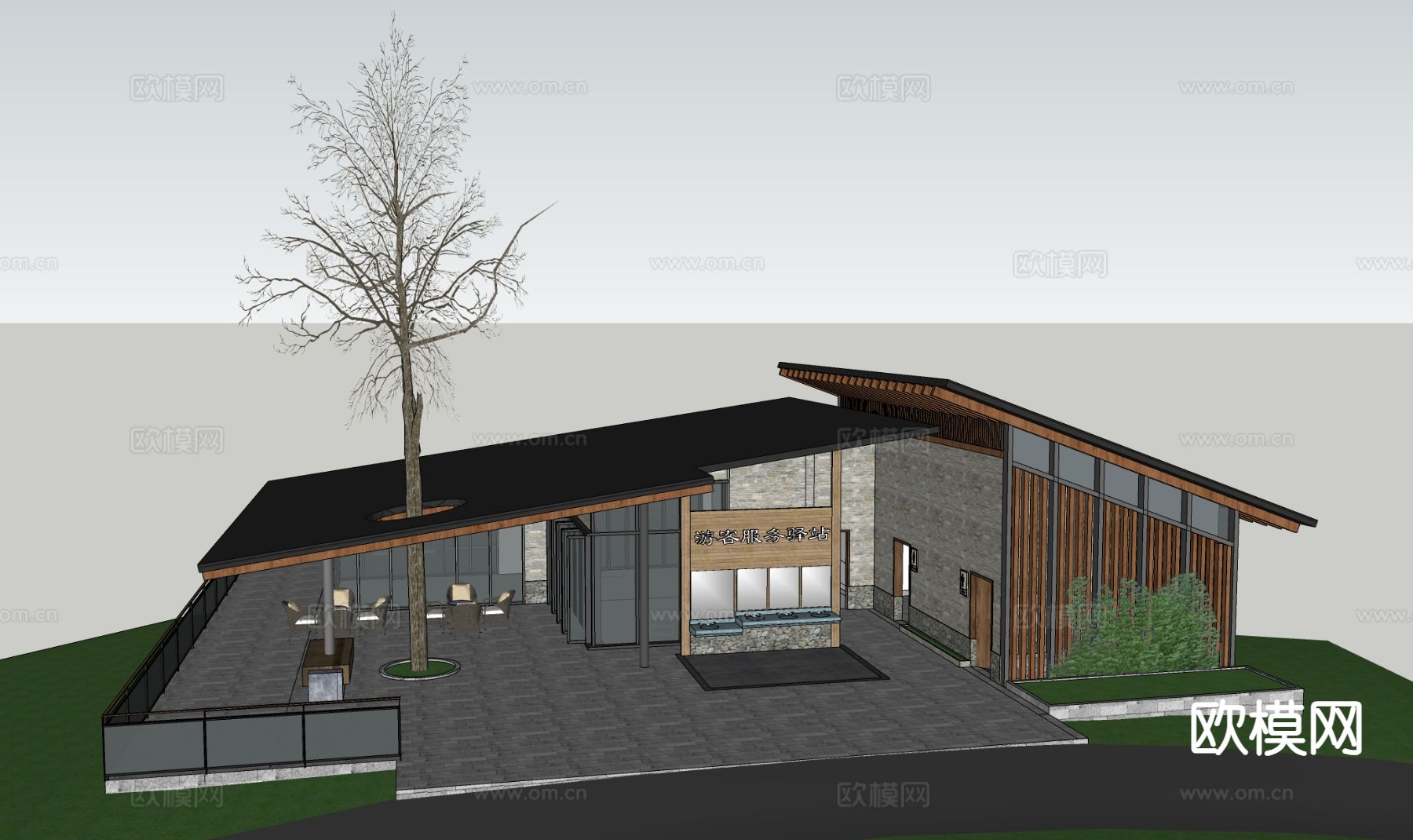 现代服务中心 游客中心建筑外观su模型下载（渲染图1）