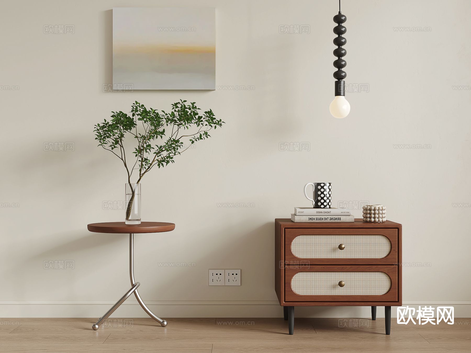 中古风床头柜su模型下载（渲染图2）