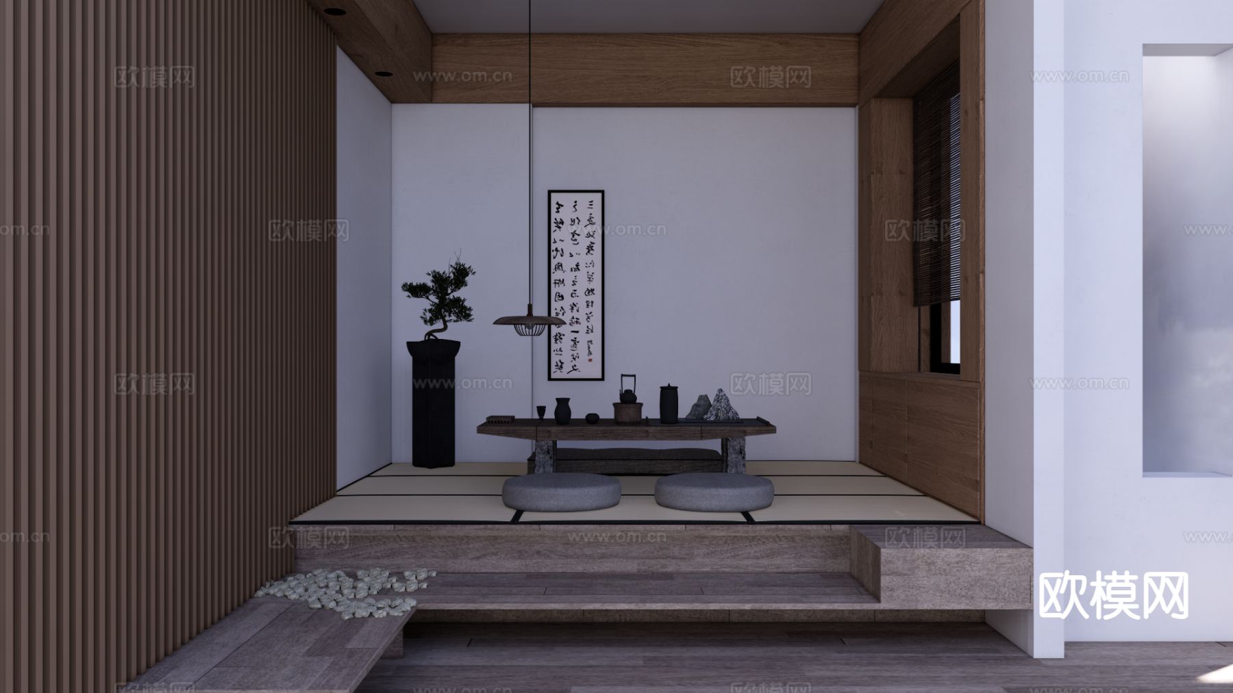 新中式实木茶桌椅su模型下载（渲染图2）