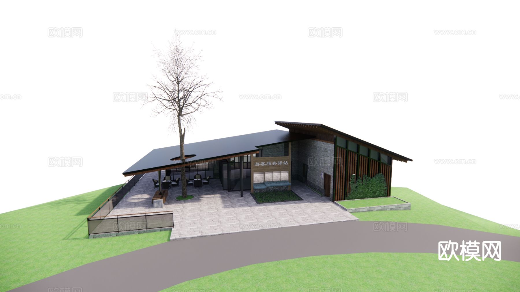 现代服务中心 游客中心建筑外观su模型下载（渲染图2）