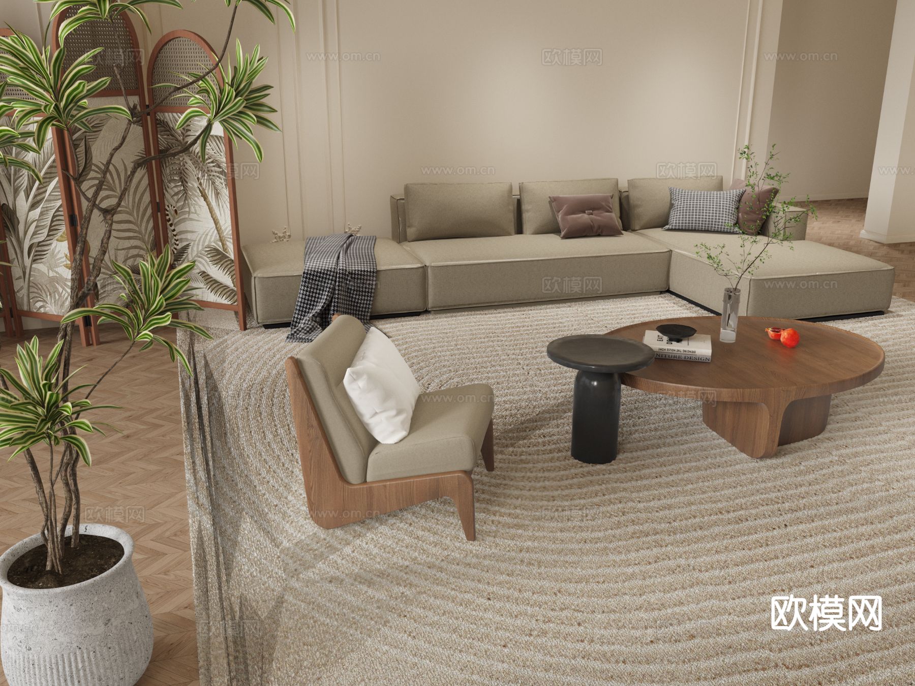 中古风组合沙发su模型下载（渲染图2）