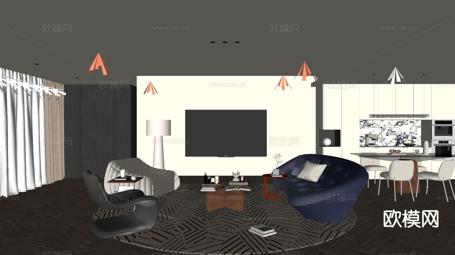 奶油风客餐厅su模型下载（渲染图1）