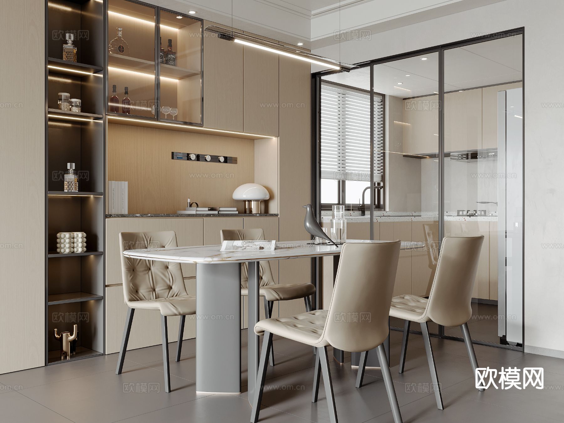 奶油风餐桌椅 岩板餐桌3d模型下载