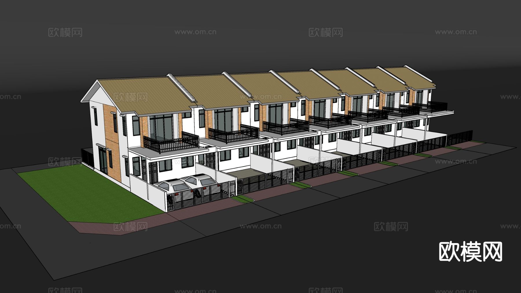 联排别墅建筑外观su模型下载（渲染图1）