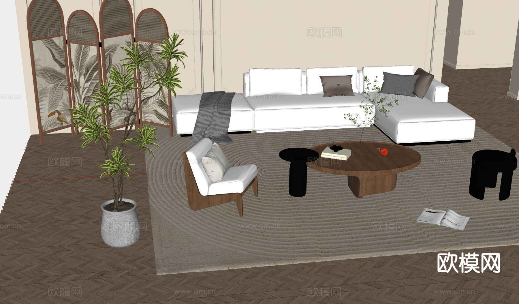 中古风组合沙发su模型下载（渲染图1）