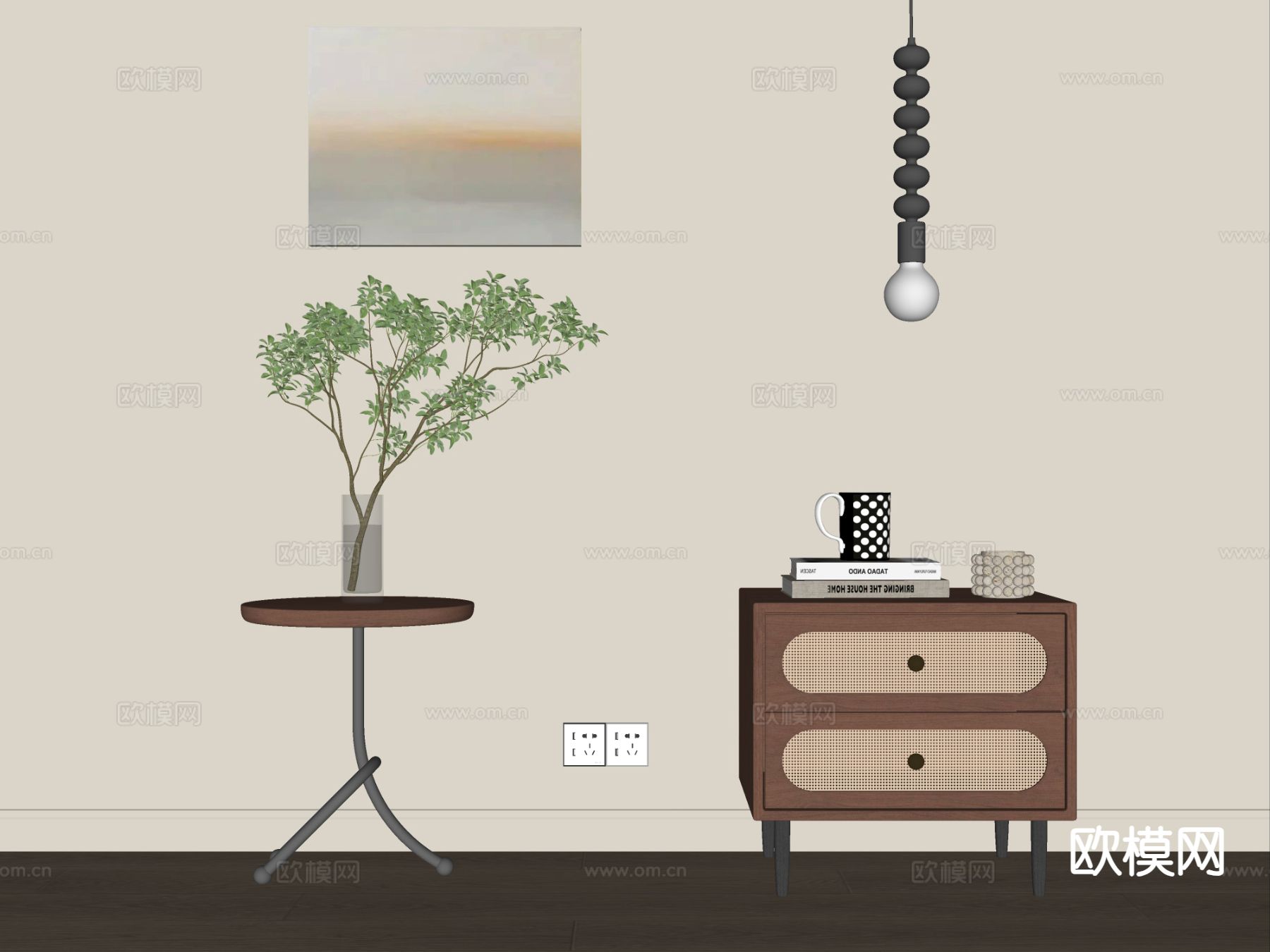 中古风床头柜su模型下载（渲染图1）