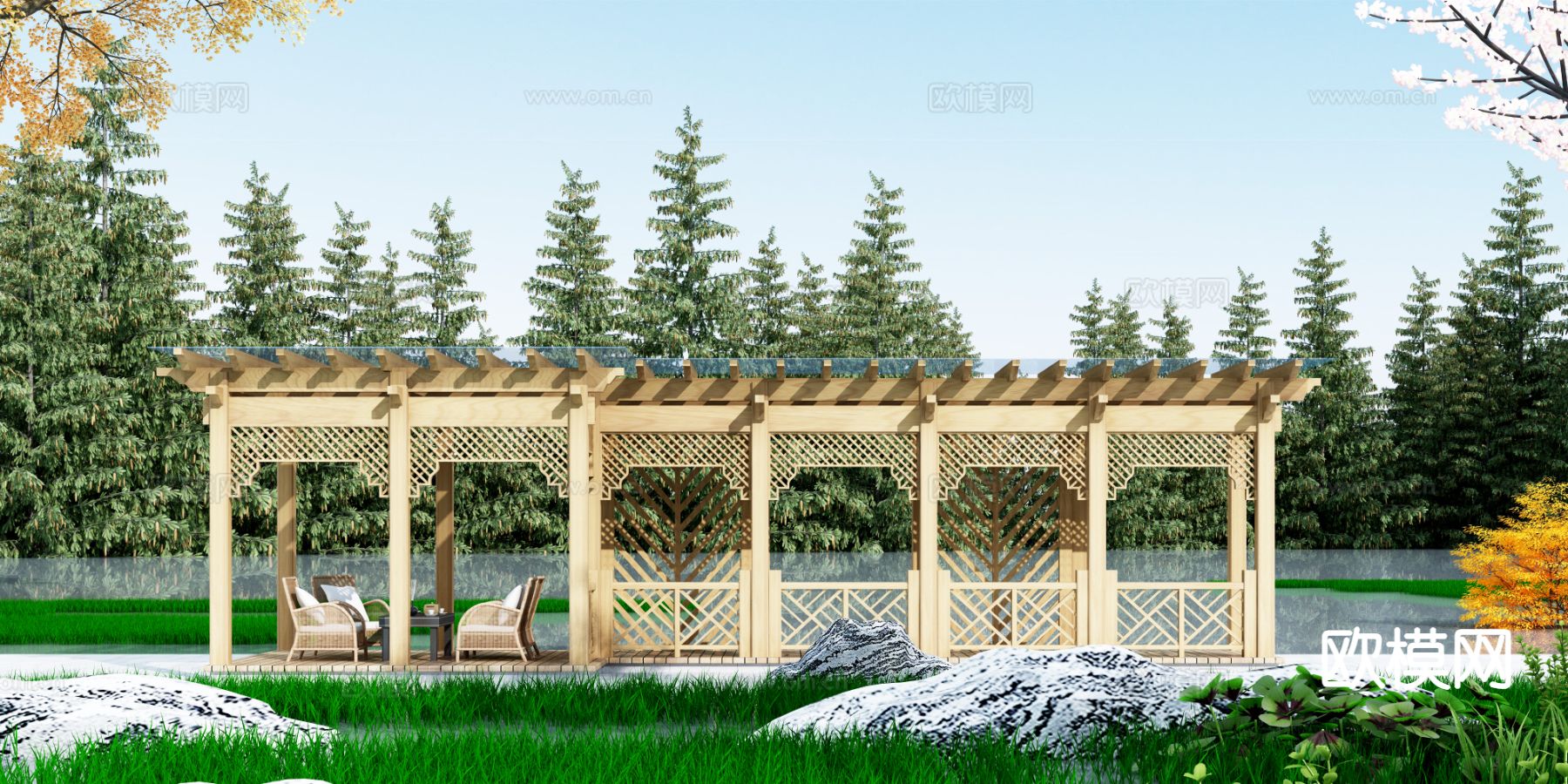 中式廊架 景观廊架 长廊3d模型下载
