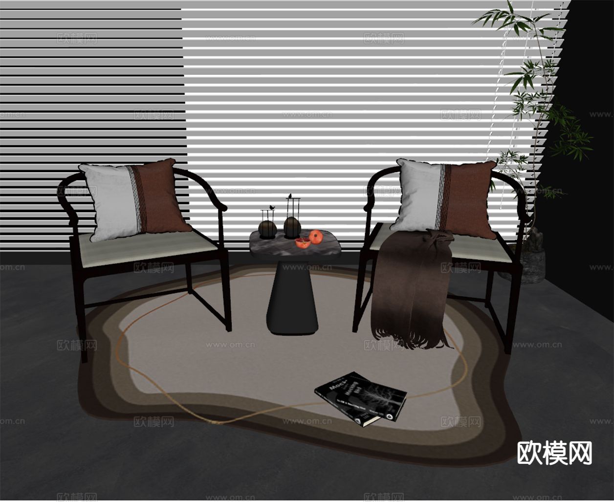 新中式休闲椅su模型下载（渲染图1）