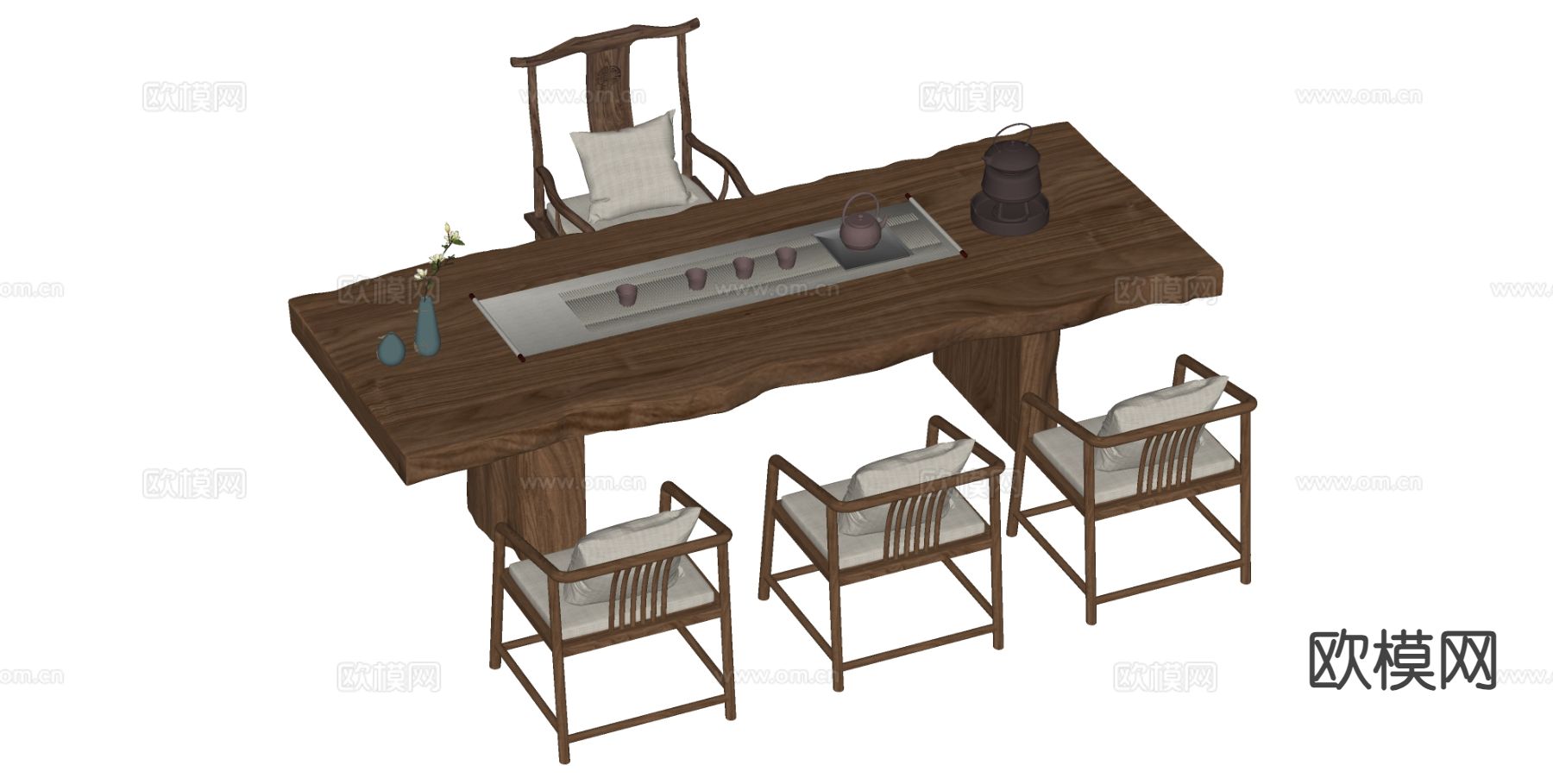 新中式茶桌椅 茶台su模型下载（渲染图1）