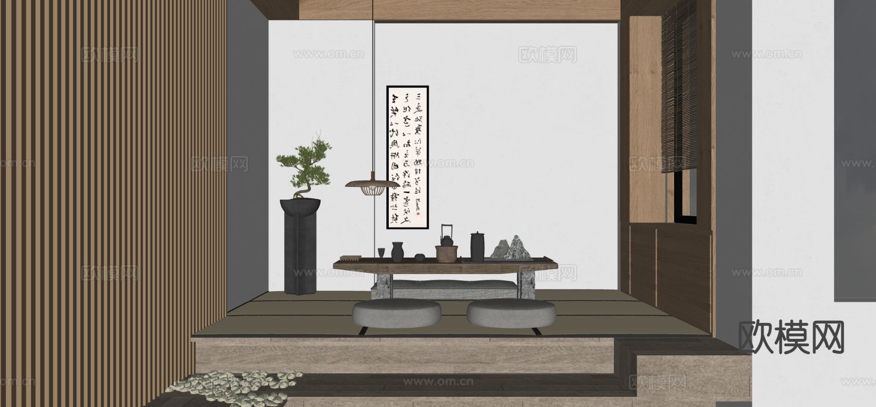 新中式实木茶桌椅su模型下载（渲染图1）