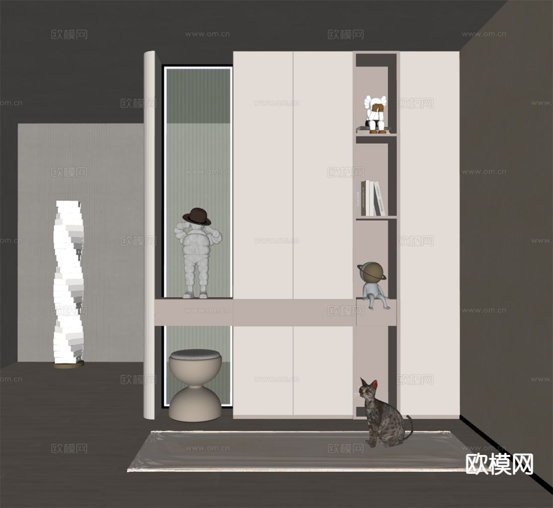 奶油风玄关柜 鞋柜su模型下载（渲染图1）