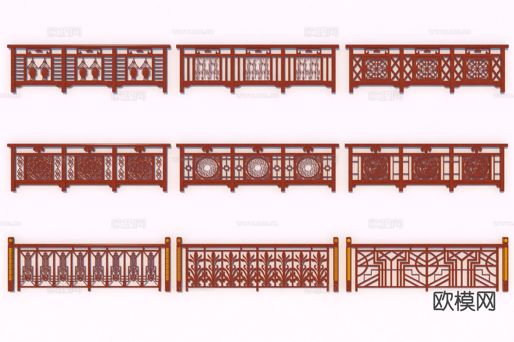 新中式护栏 红木栏杆 扶手3d模型