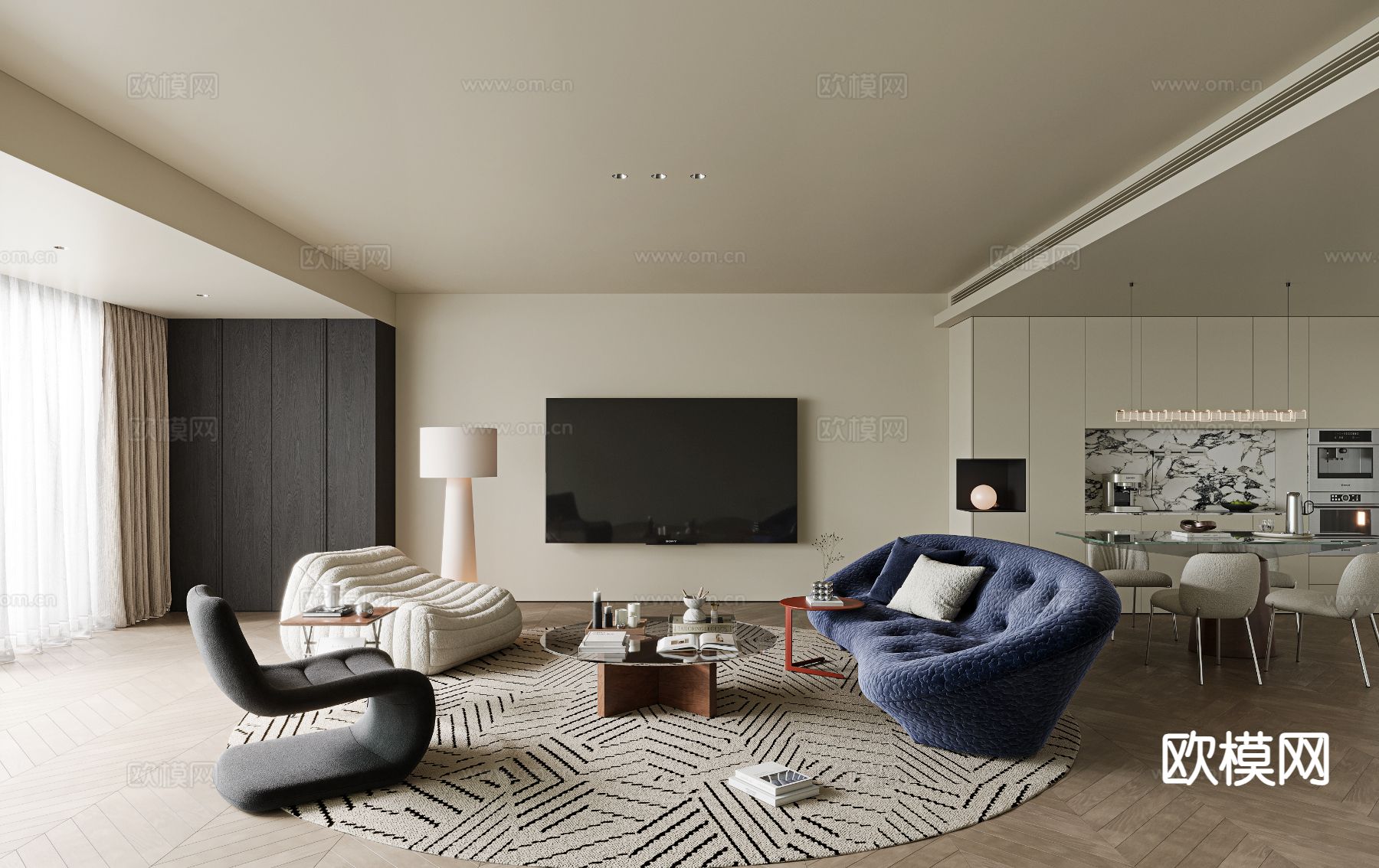 奶油风客餐厅su模型下载（渲染图2）