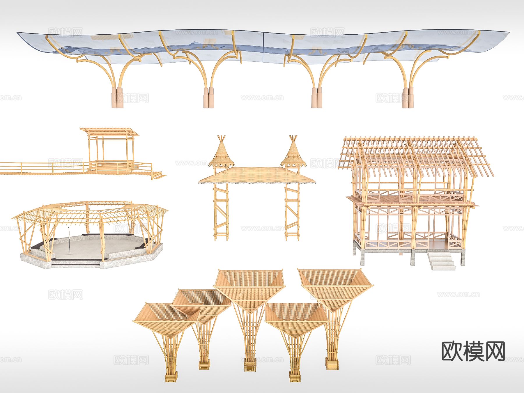 原木风亭子 竹制亭子 廊架3d模型