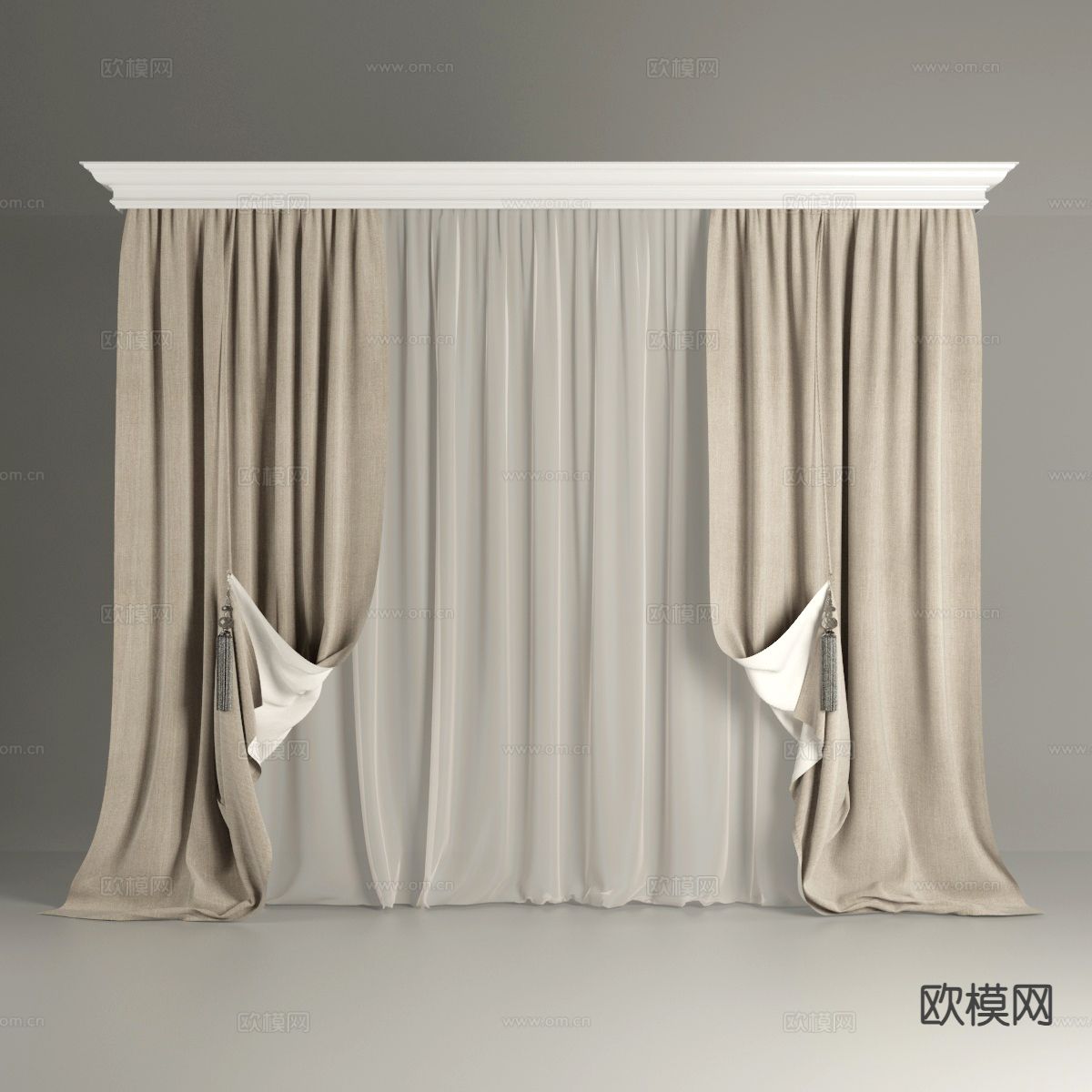 简欧窗帘 拉帘 窗帘盒3d模型下载