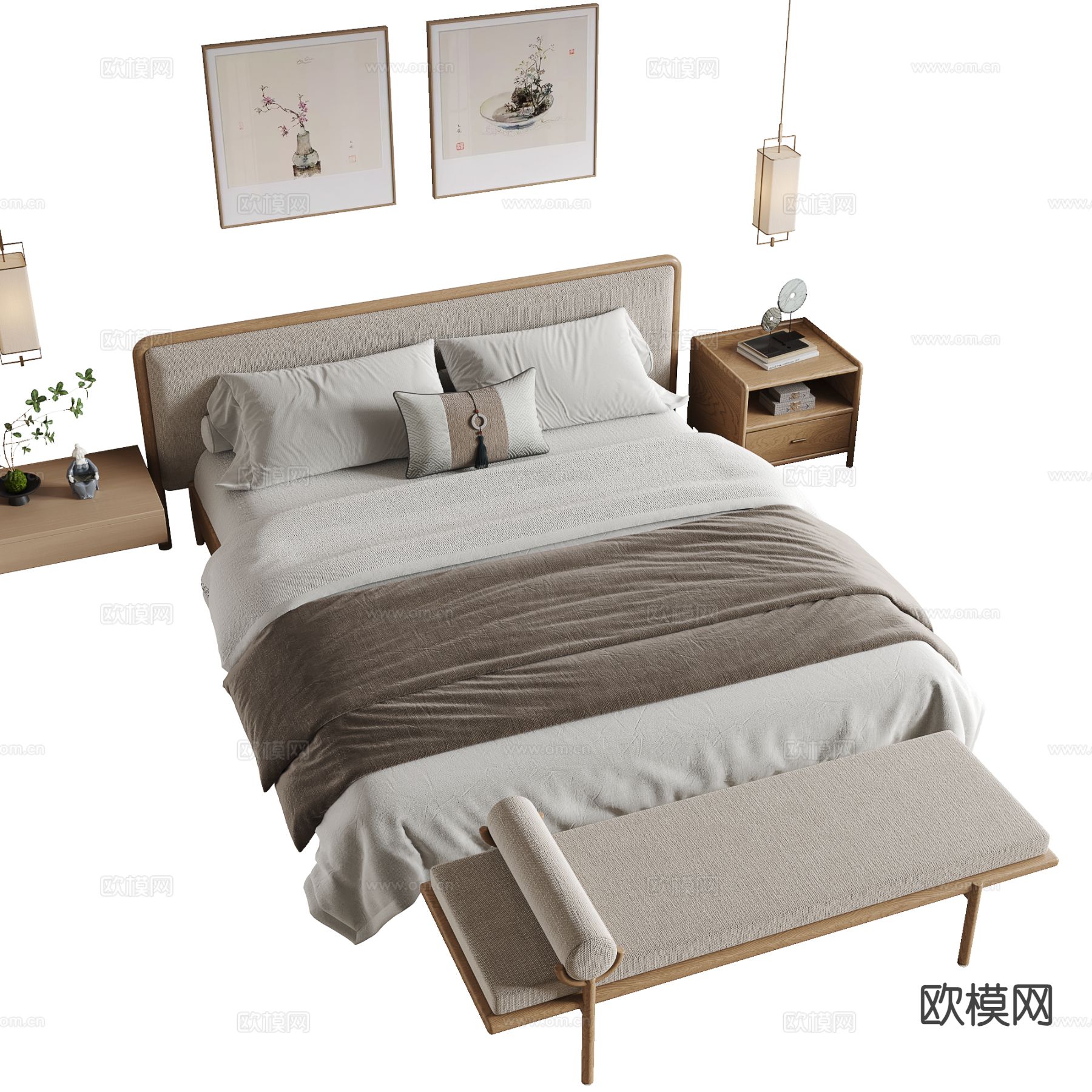 新中式双人床su模型下载（渲染图2）