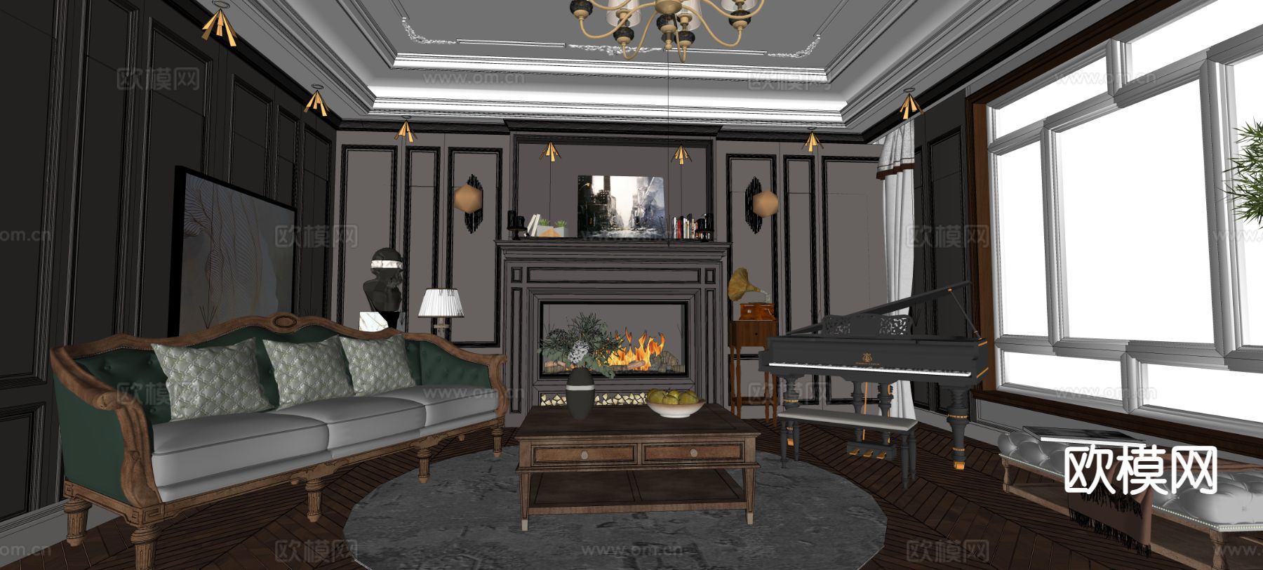 简欧客厅su模型下载