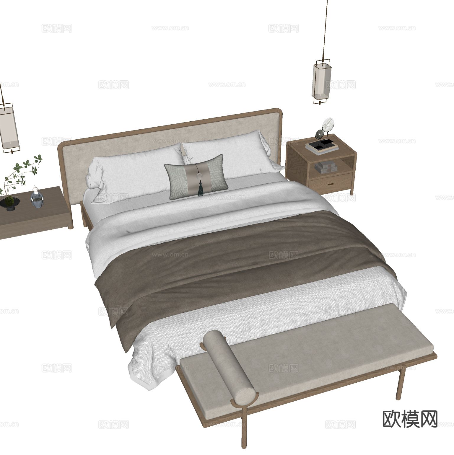 新中式双人床su模型下载（渲染图1）