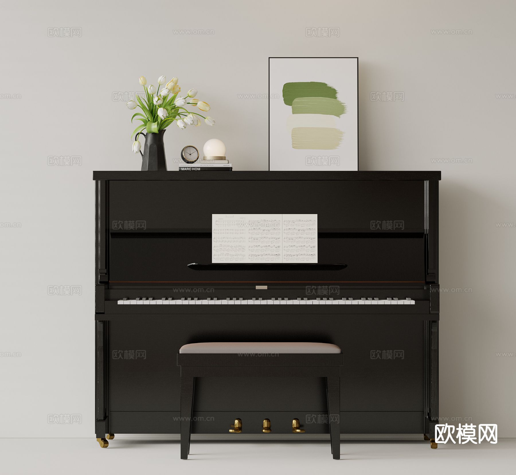 中古风钢琴su模型下载（渲染图2）