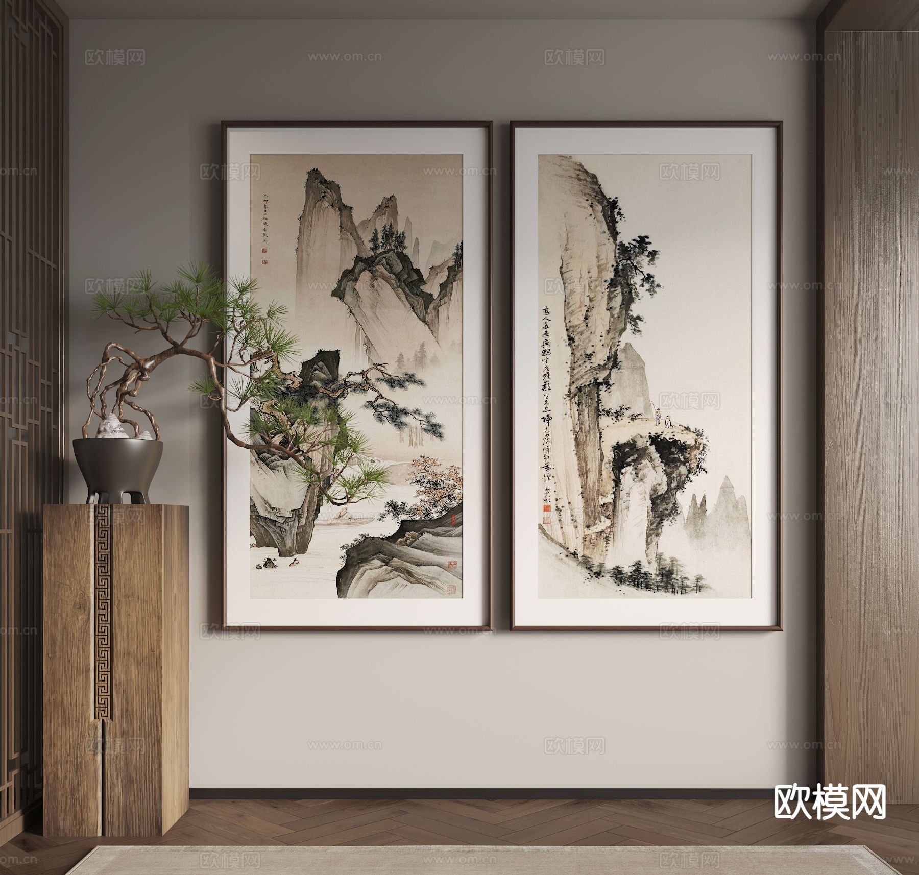 新中式水墨画 山水画 装饰画3d模型