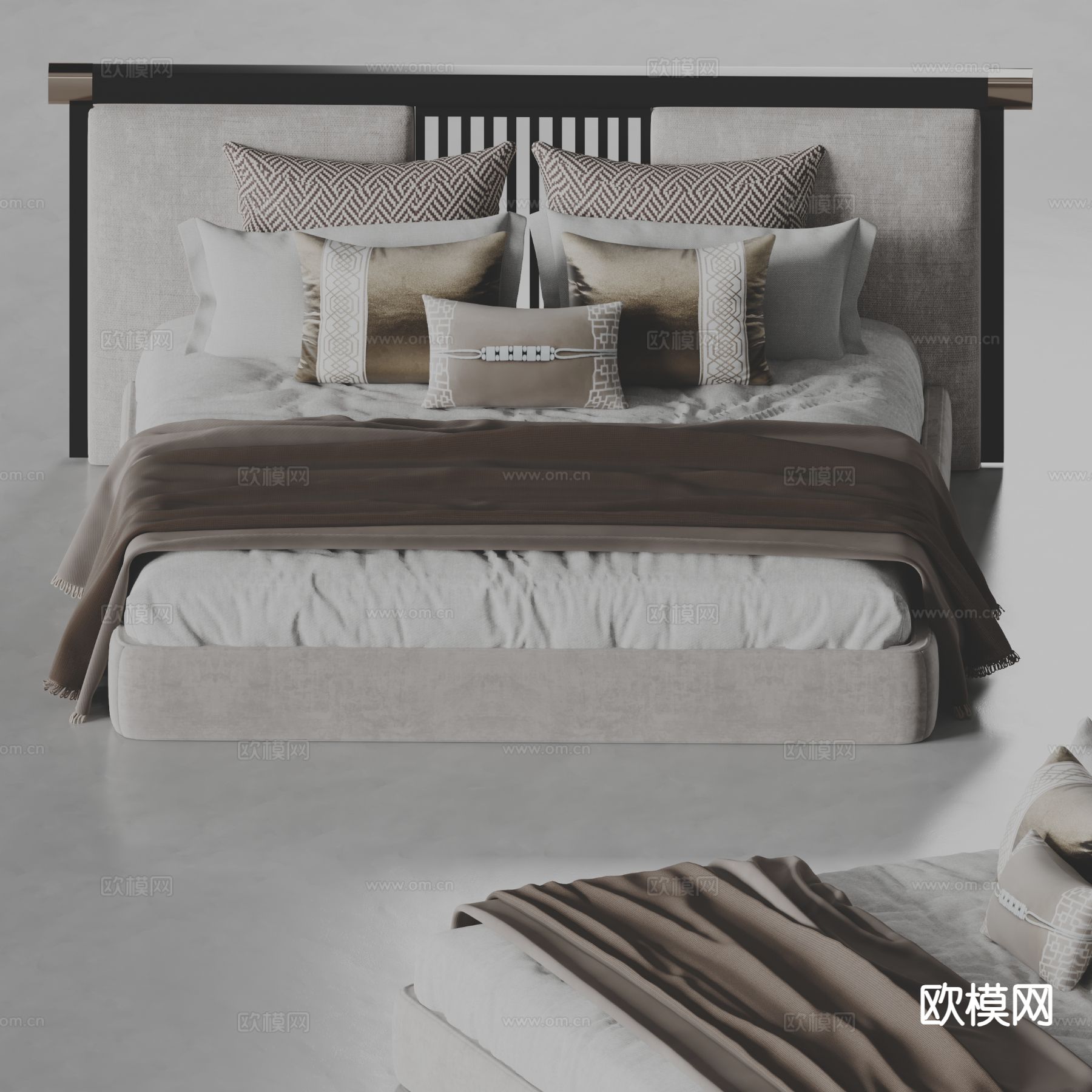 新中式双人床su模型下载（渲染图2）