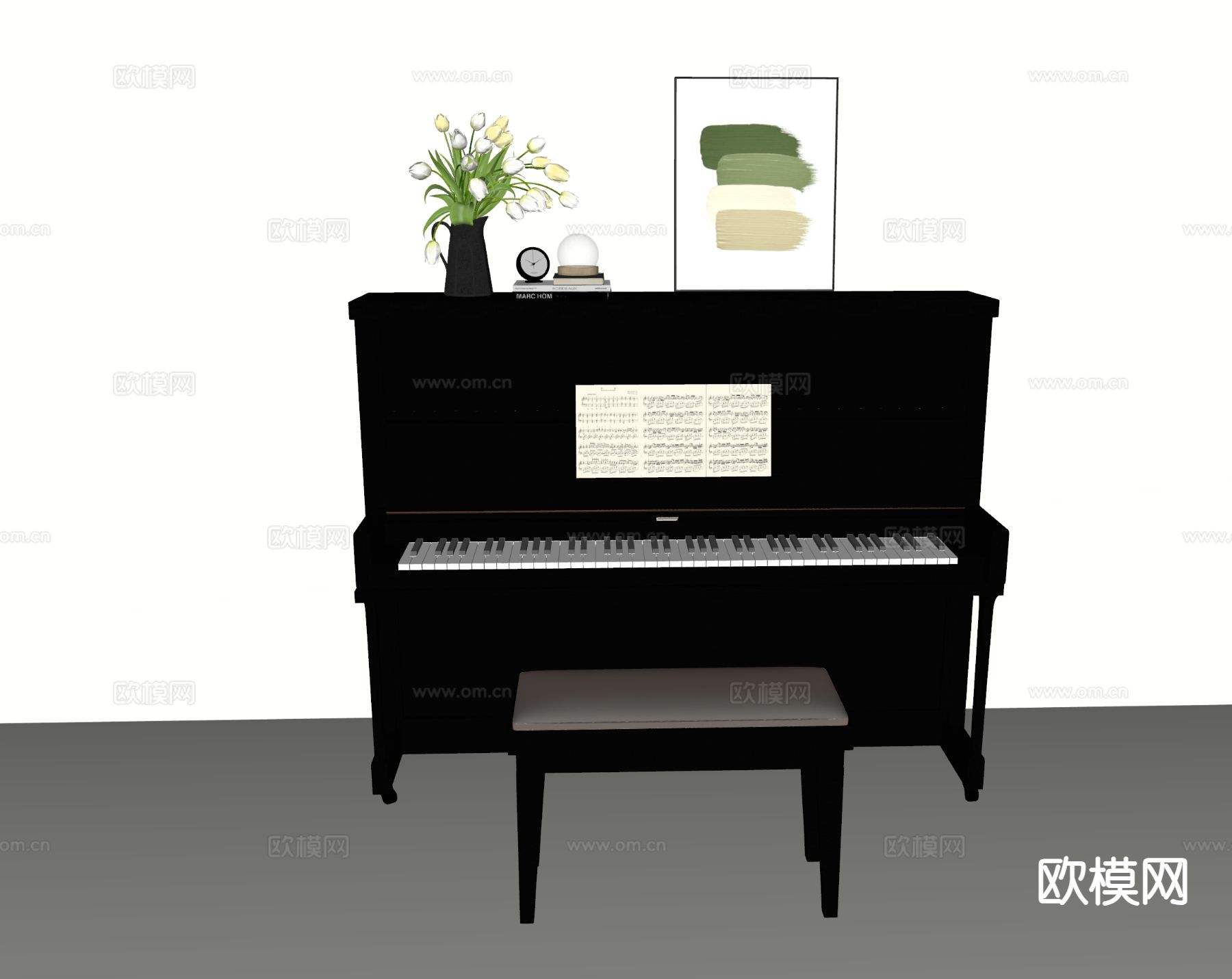 中古风钢琴su模型下载（渲染图1）