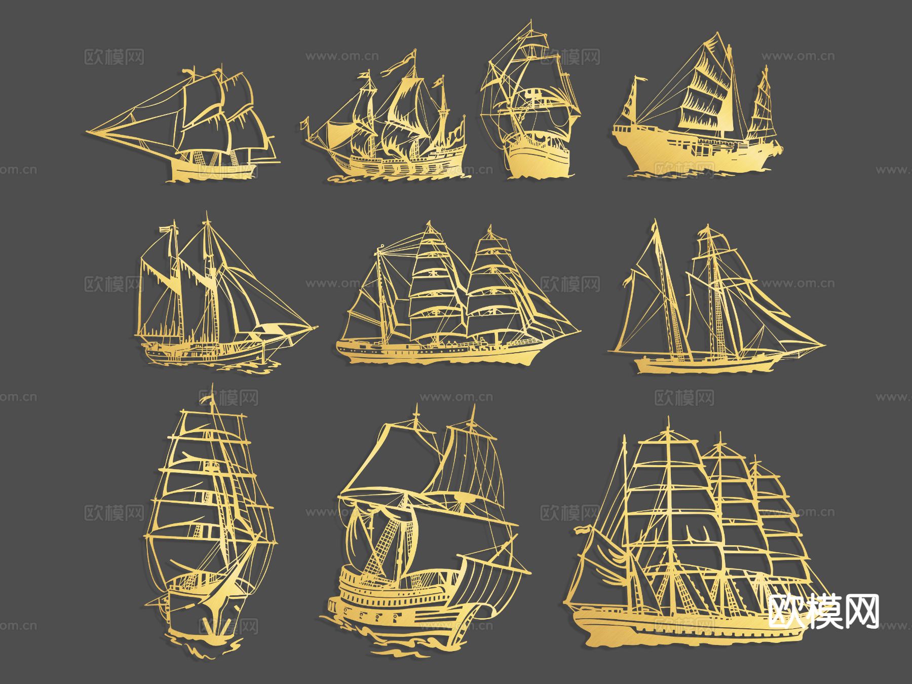 中式轮船 帆船 剪影su模型下载（渲染图2）