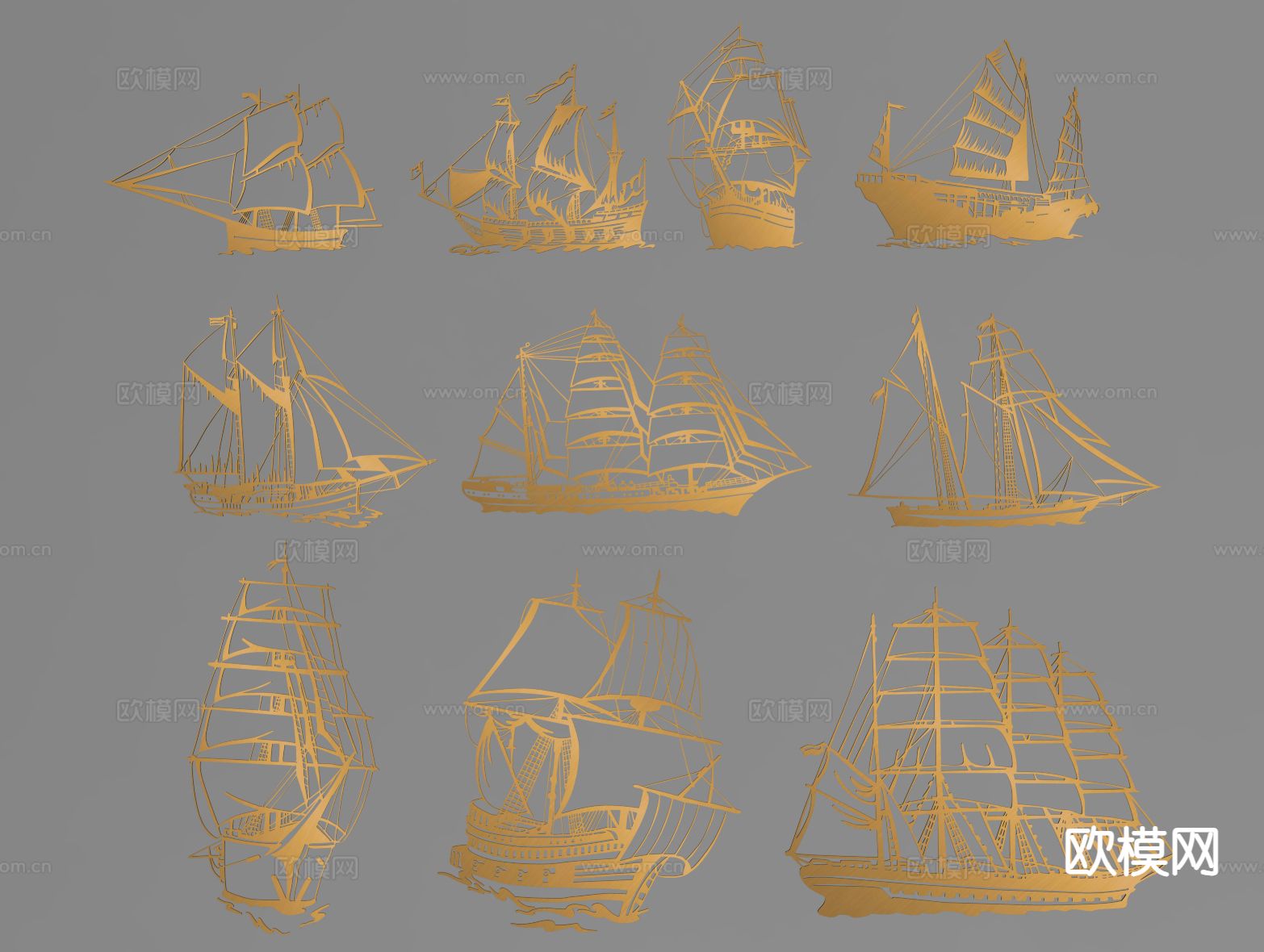 中式轮船 帆船 剪影su模型下载（渲染图1）