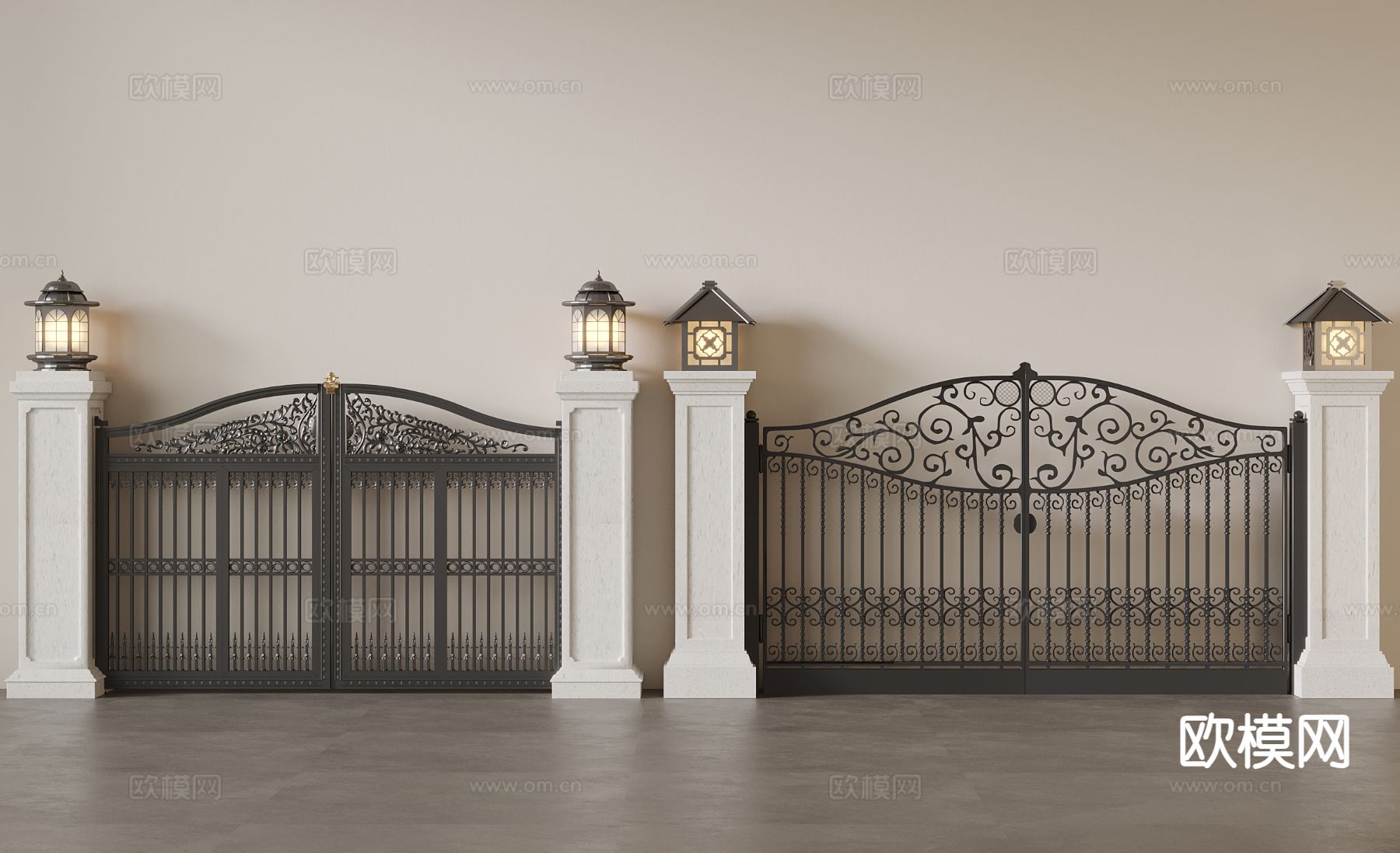 铁艺庭院门 柱头灯su模型下载（渲染图2）