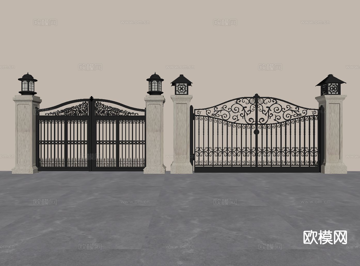 铁艺庭院门 柱头灯su模型下载（渲染图1）