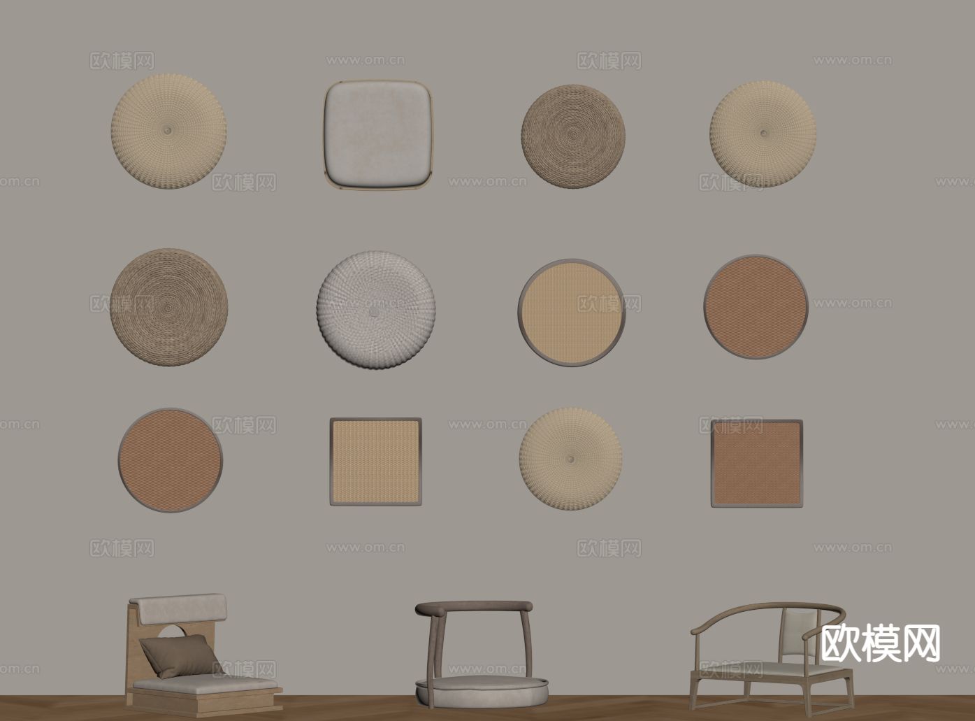 新中式蒲团 坐垫 茶椅su模型下载（渲染图1）