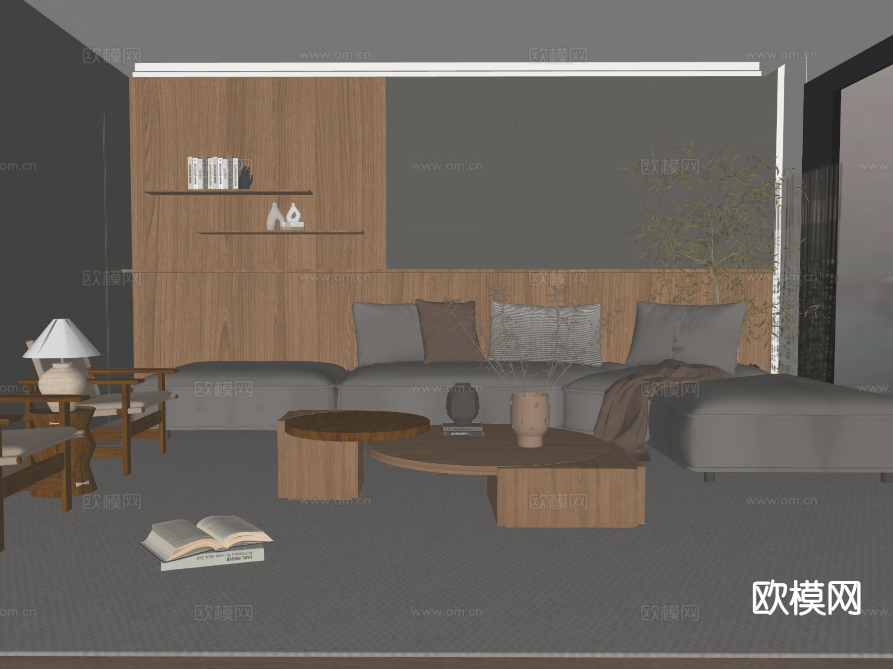 原木风客厅su模型下载（渲染图1）