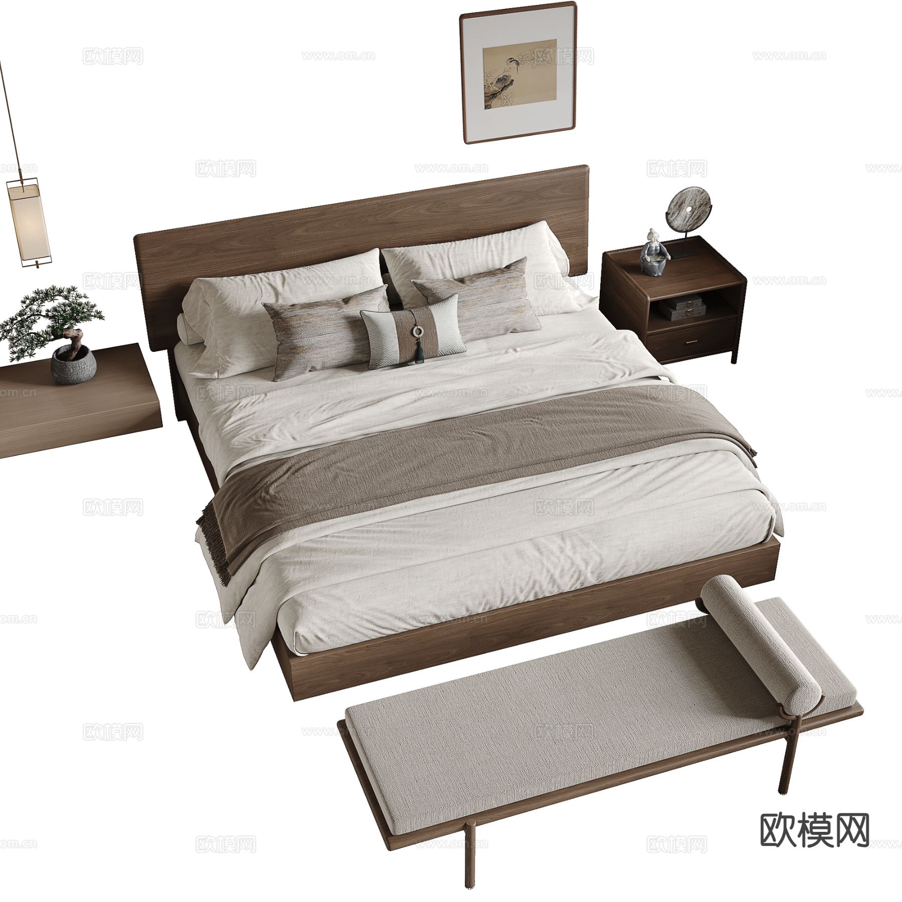 新中式双人床3d模型下载