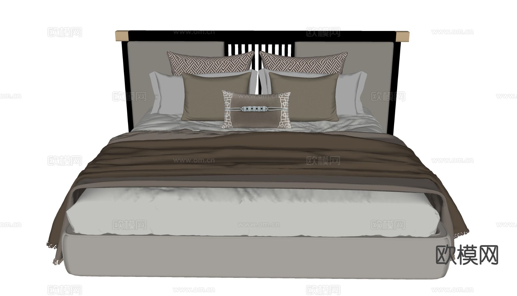 新中式双人床su模型下载（渲染图1）