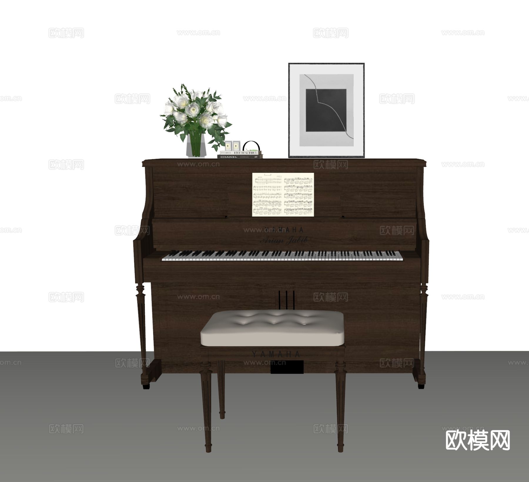 中古风钢琴su模型下载（渲染图1）