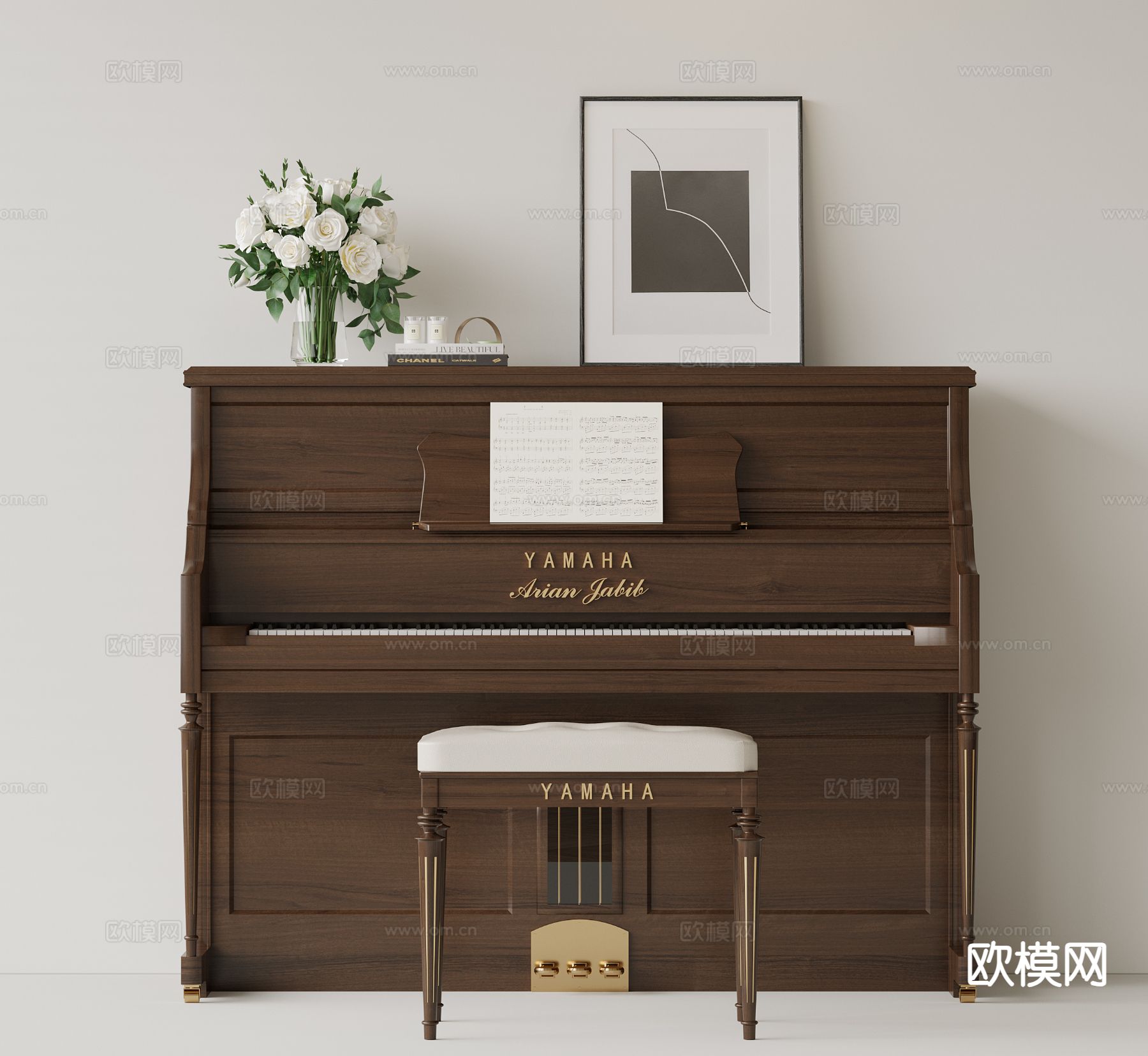 中古风钢琴su模型下载（渲染图2）