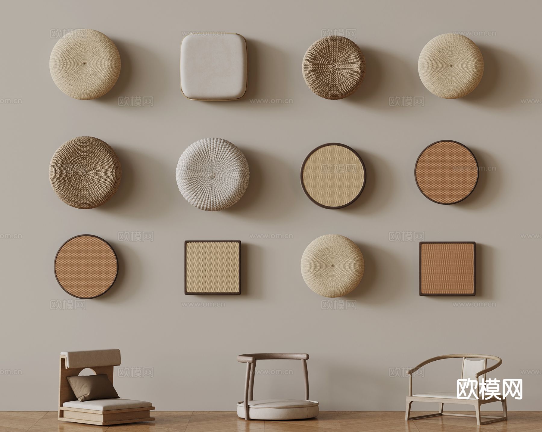 新中式蒲团 坐垫 茶椅su模型下载（渲染图2）