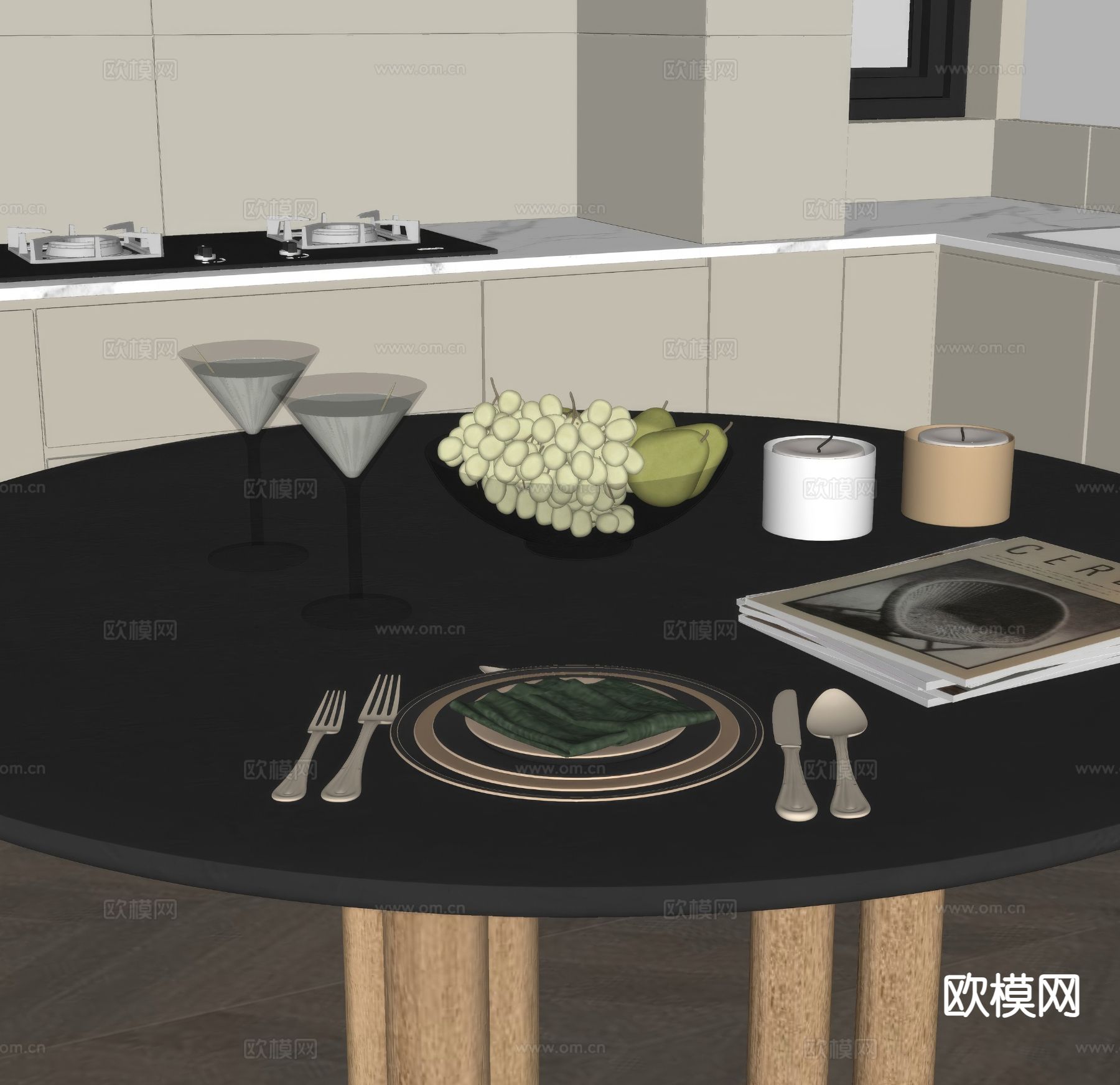 餐具 餐盘 刀叉 酒杯 水果su模型下载（渲染图1）