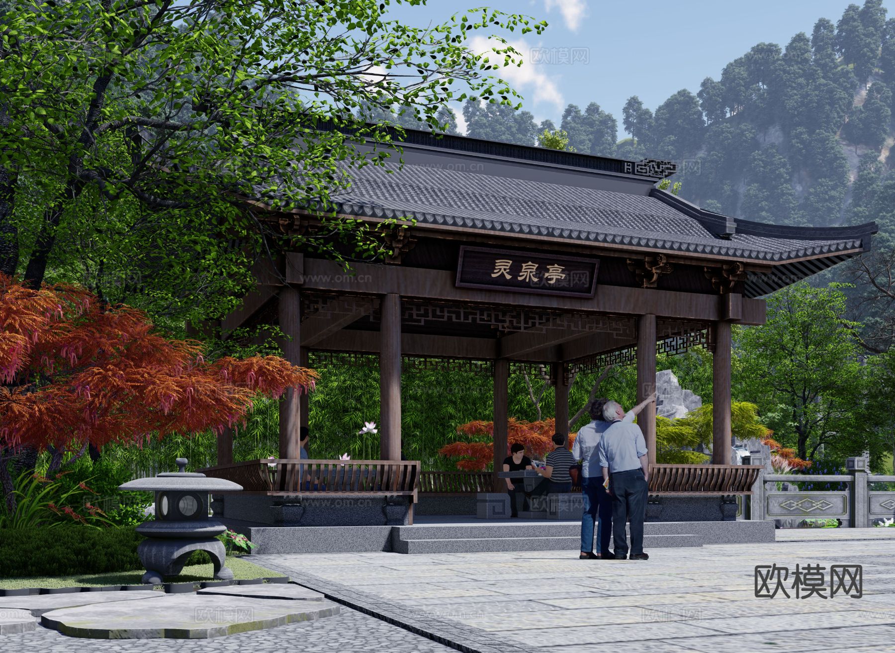 中式亭子 景观亭 园林凉亭su模型下载（渲染图2）