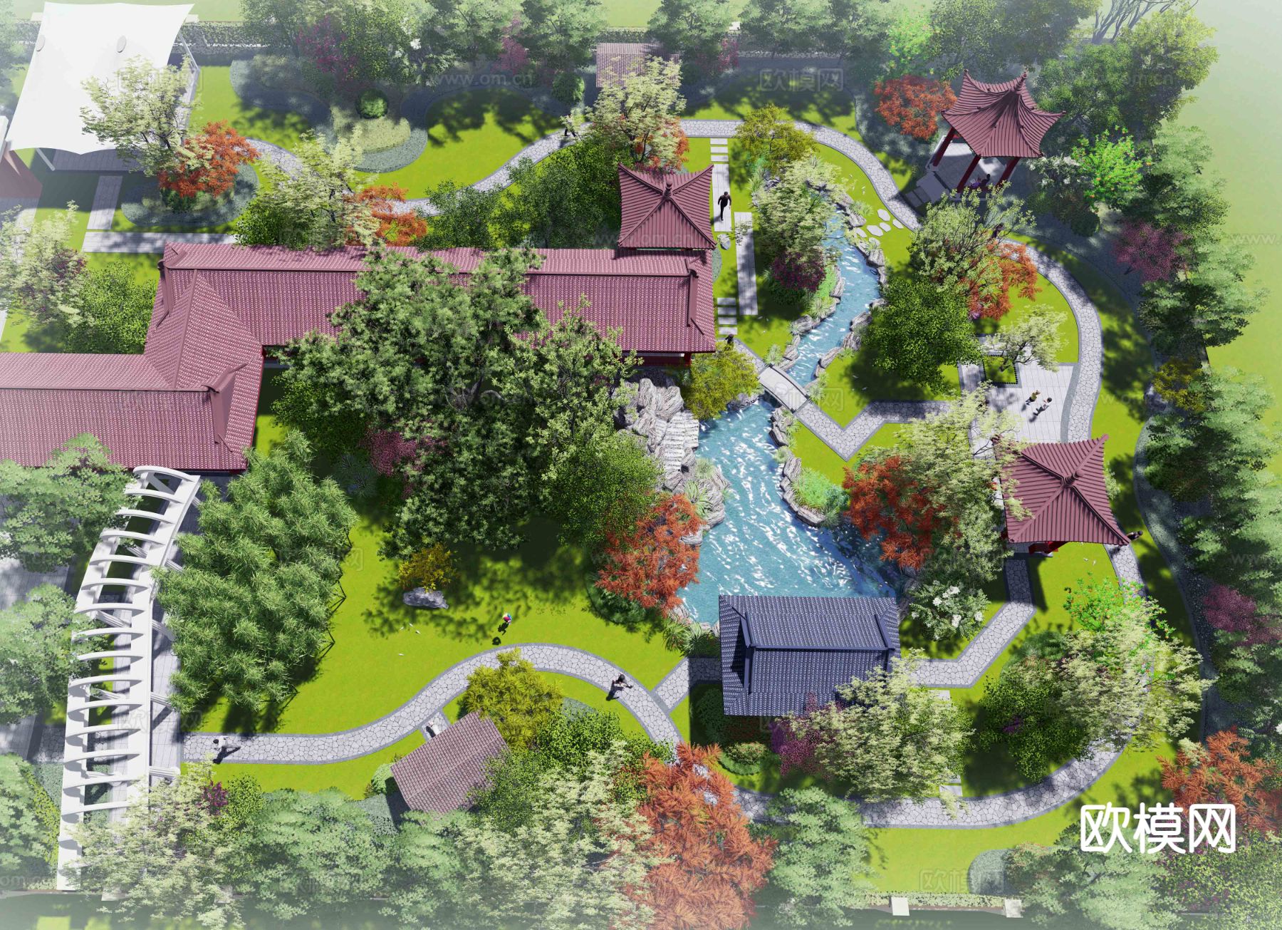 中式庭院 古典园林 别墅院落su模型下载（渲染图3）