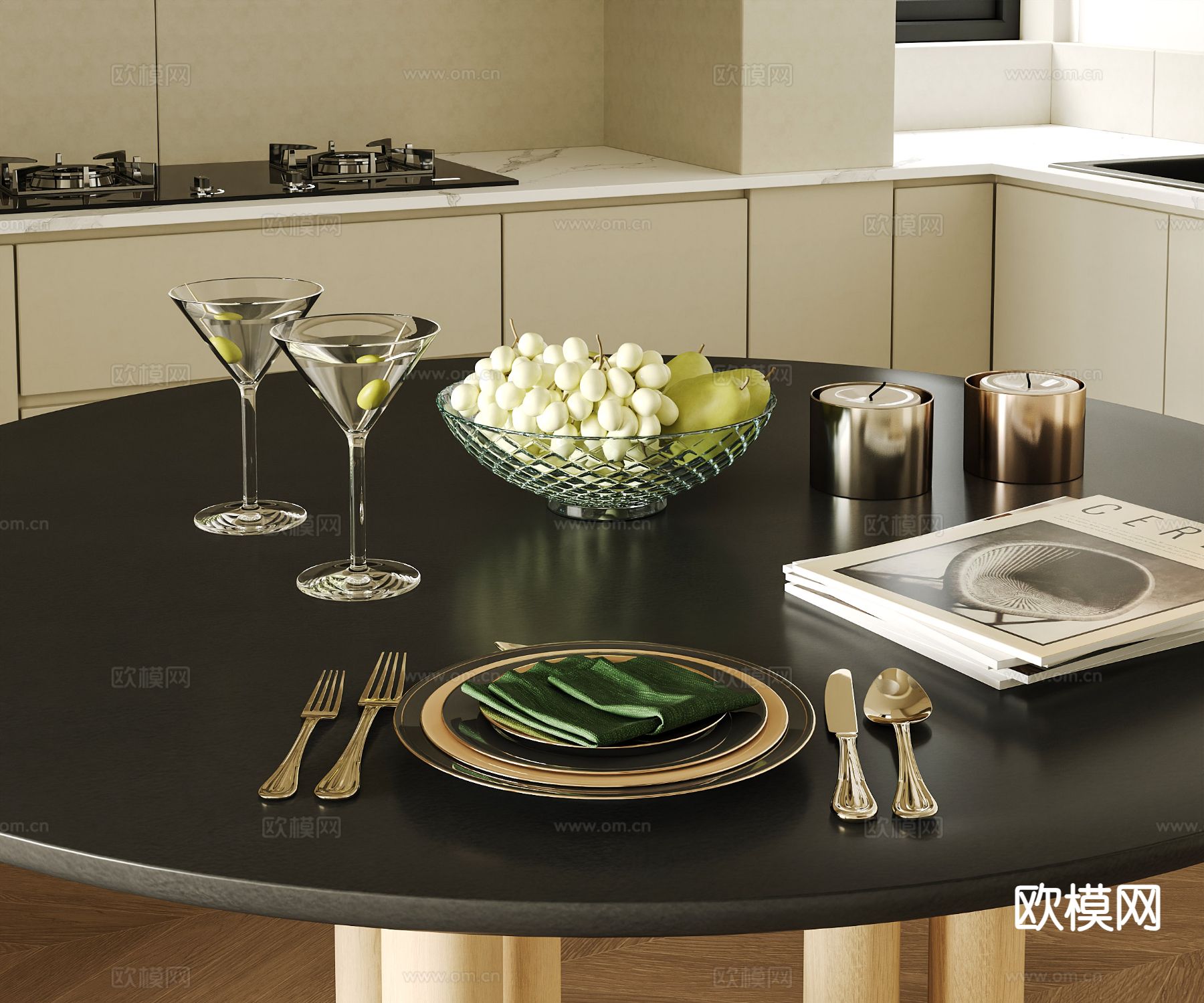 餐具 餐盘 刀叉 酒杯 水果su模型下载（渲染图2）