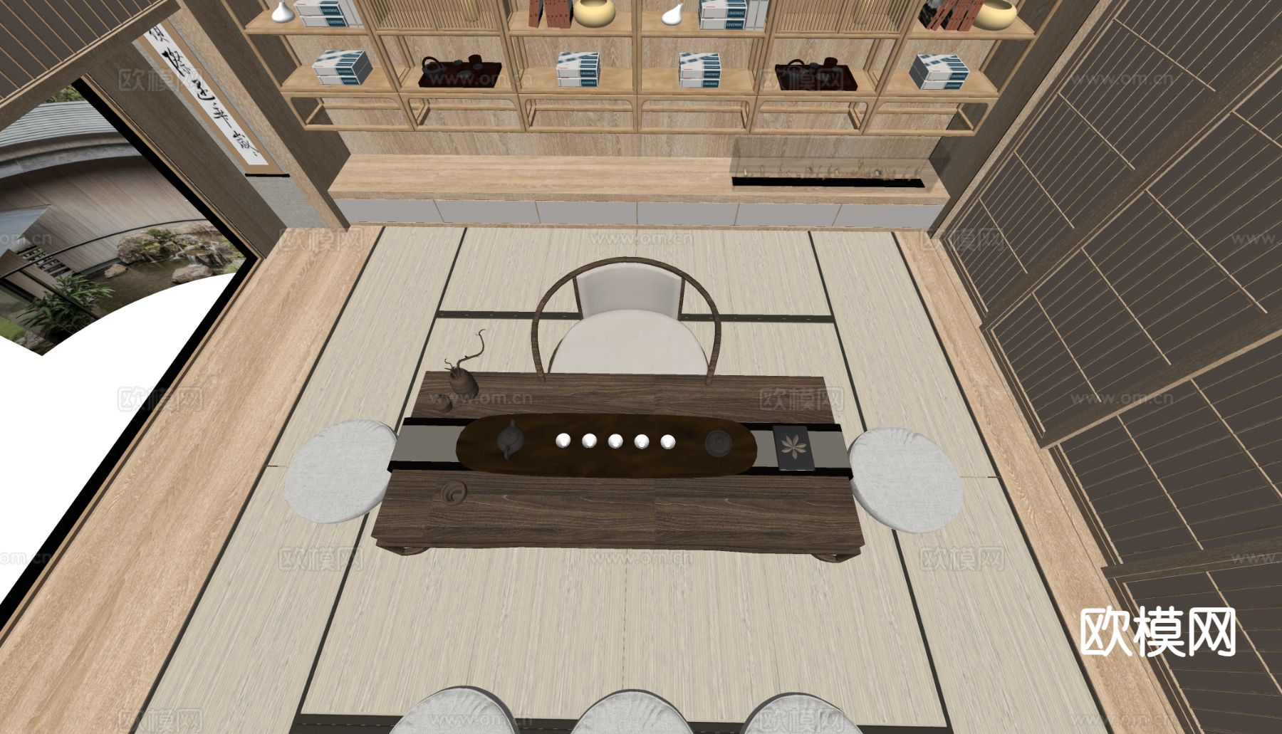 新中式茶台 茶桌椅su模型下载（渲染图1）