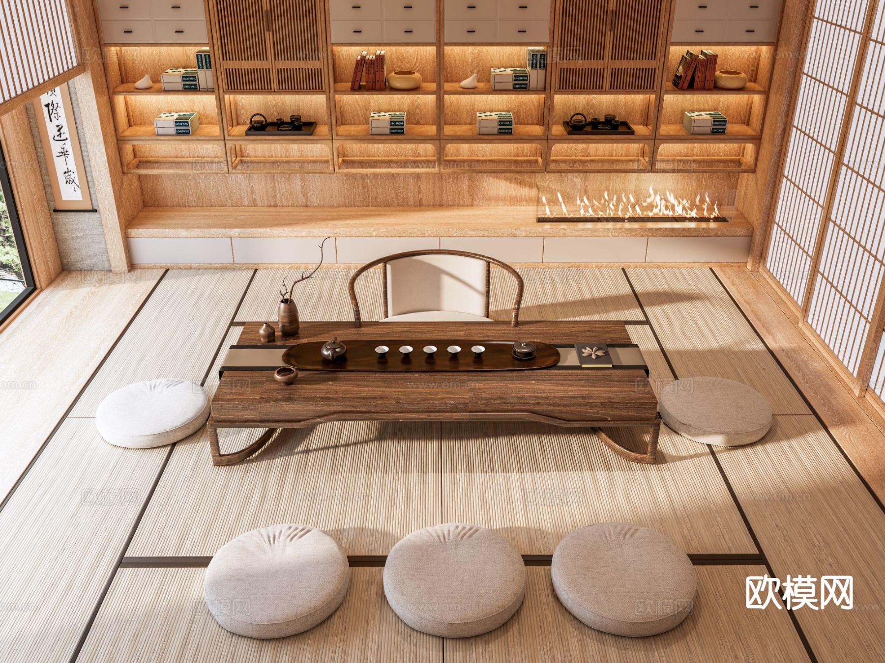 新中式茶台 茶桌椅su模型下载（渲染图2）