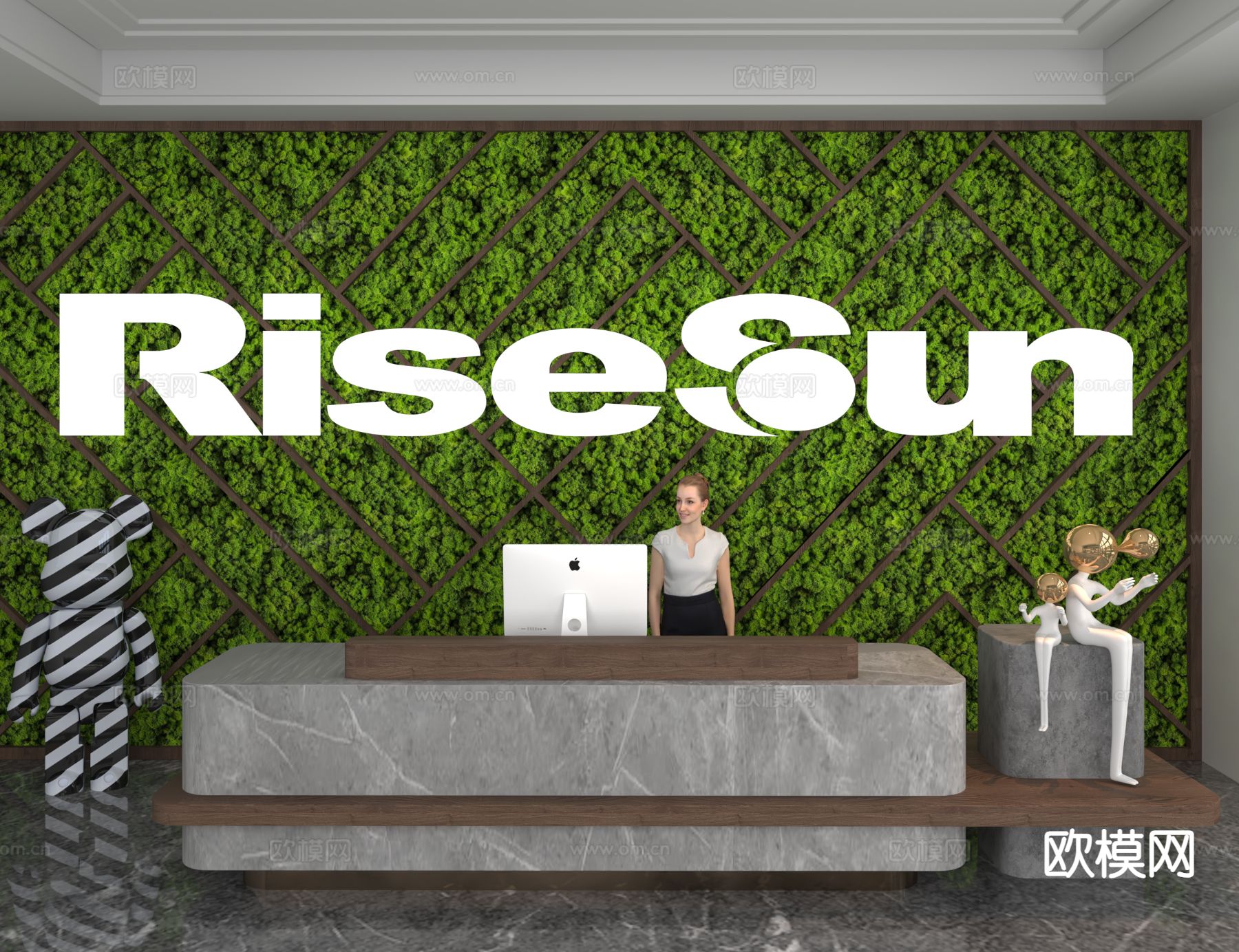 现代前台 接待台 咨询台 植物墙3d模型下载