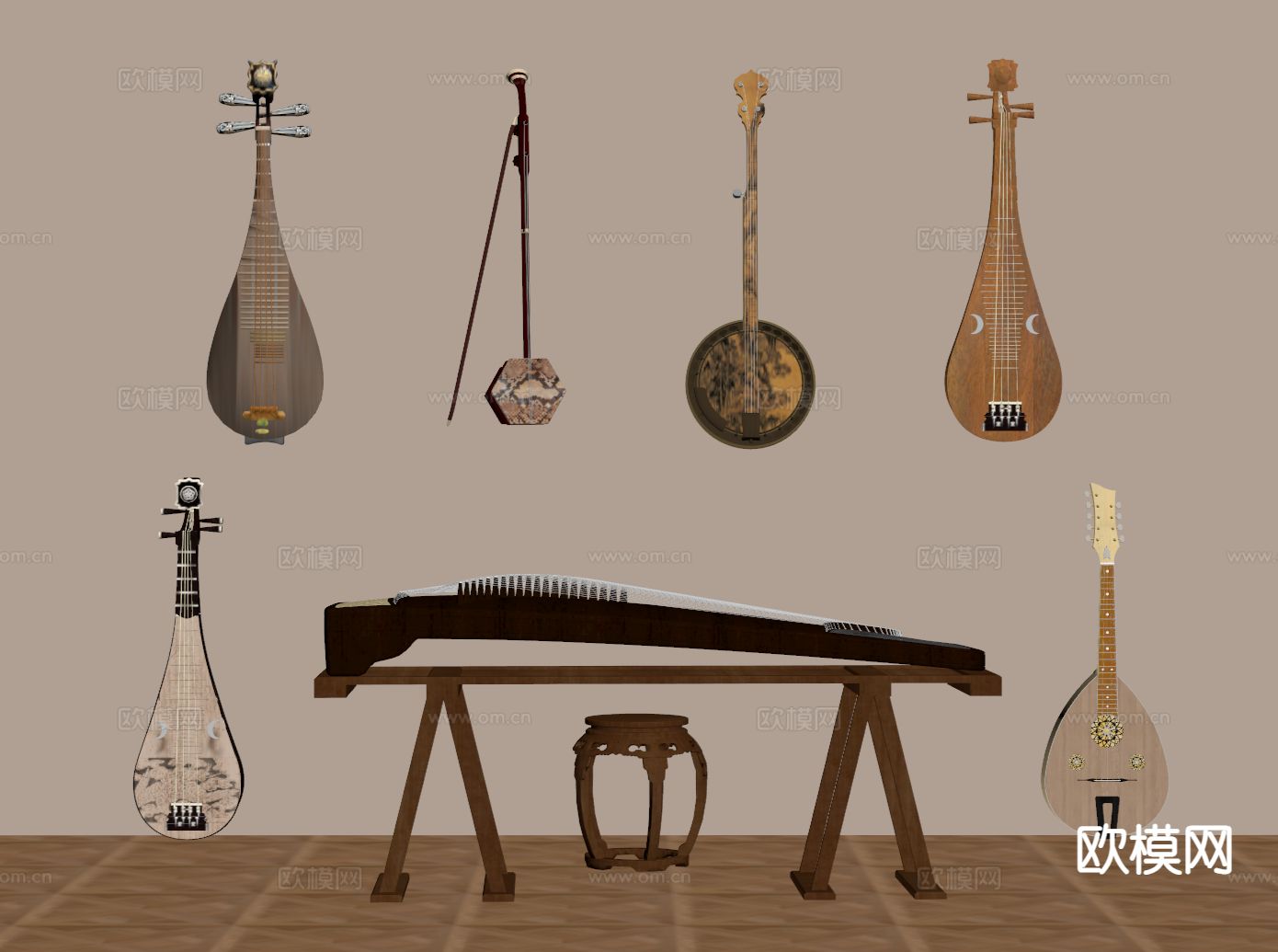 中式传统乐器 古筝 古琴su模型下载（渲染图1）