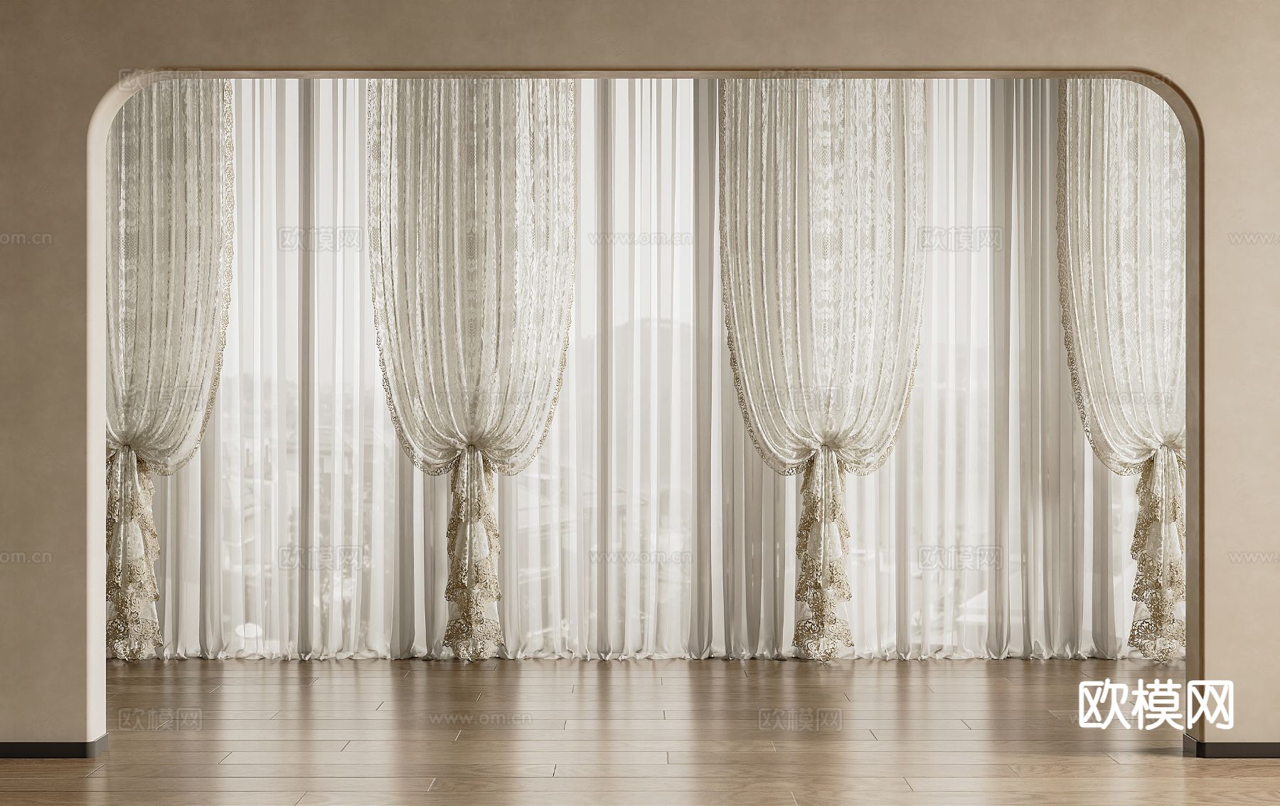 法式窗帘 纱帘 褶帘su模型下载（渲染图2）