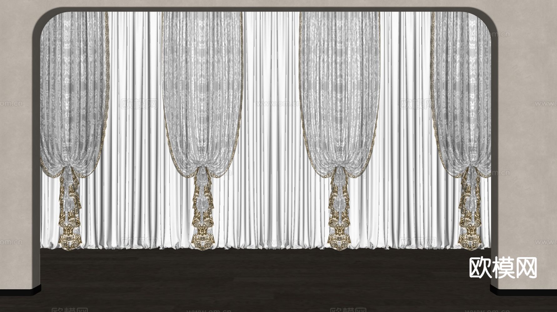 法式窗帘 纱帘 褶帘su模型下载（渲染图1）