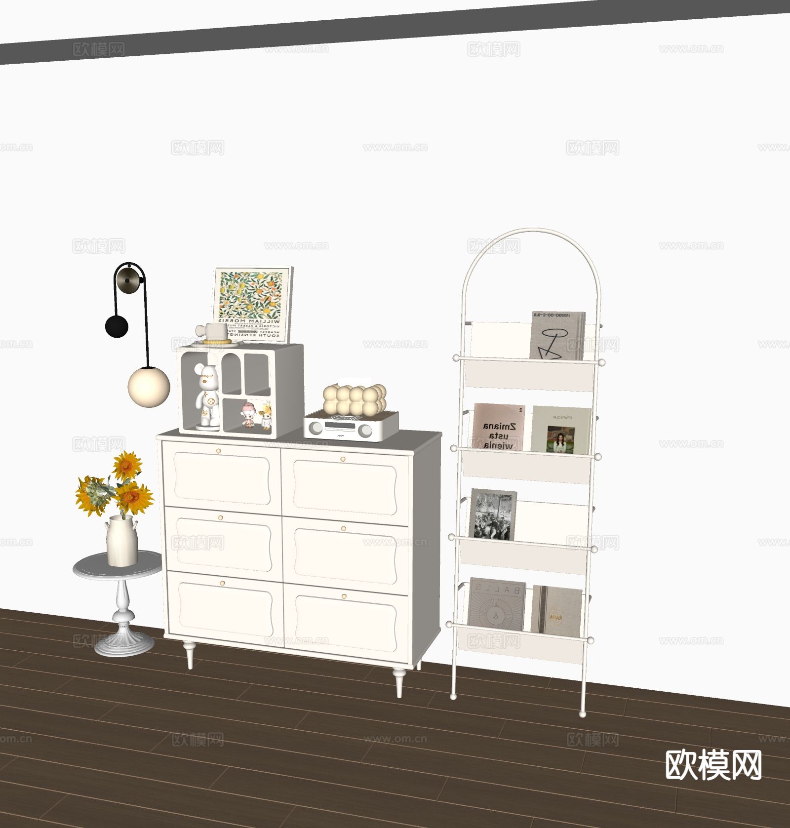 奶油风斗柜 书刊架su模型下载（渲染图1）